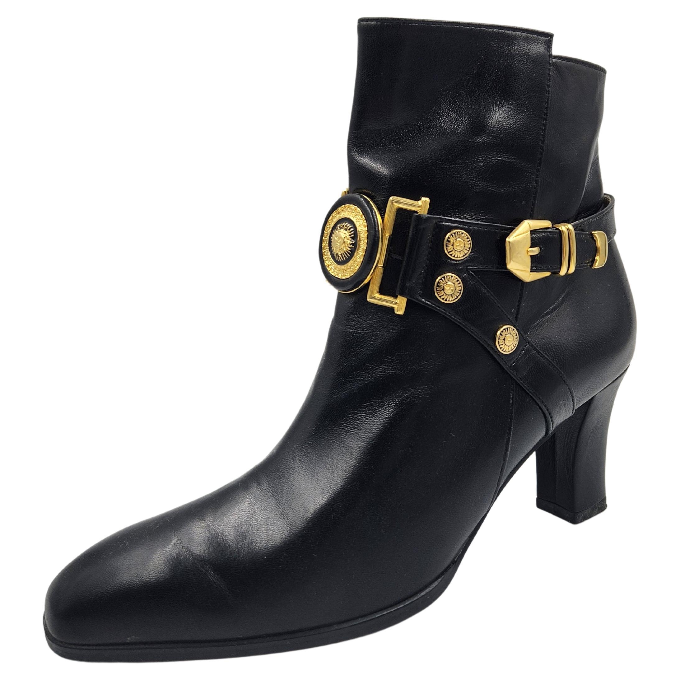 1990's Gianni Versace Gold Medallion Sun Women's Shoes Vintage 36 Ankle Boots For Sale