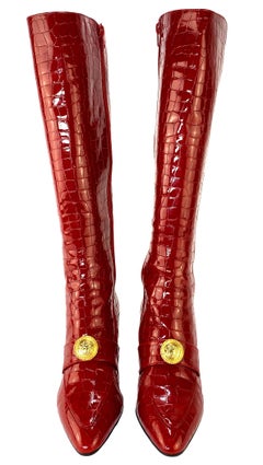 1990s Gianni Versace Gold Medusa Red Croc Embossed Patent Leather Boots