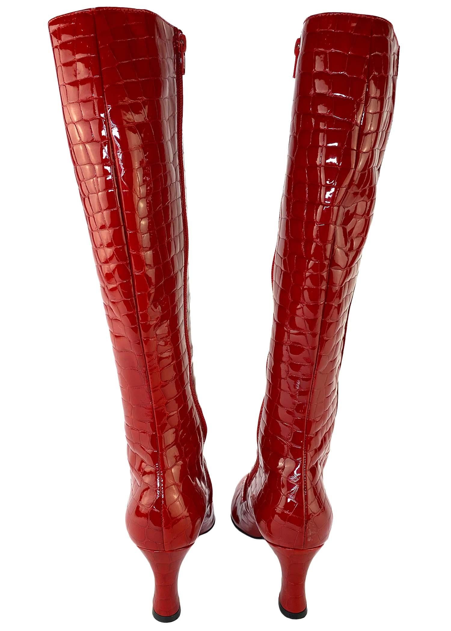 1990s Gianni Versace Gold Medusa Red Croc Embossed Patent Leather Boots In Good Condition In West Hollywood, CA
