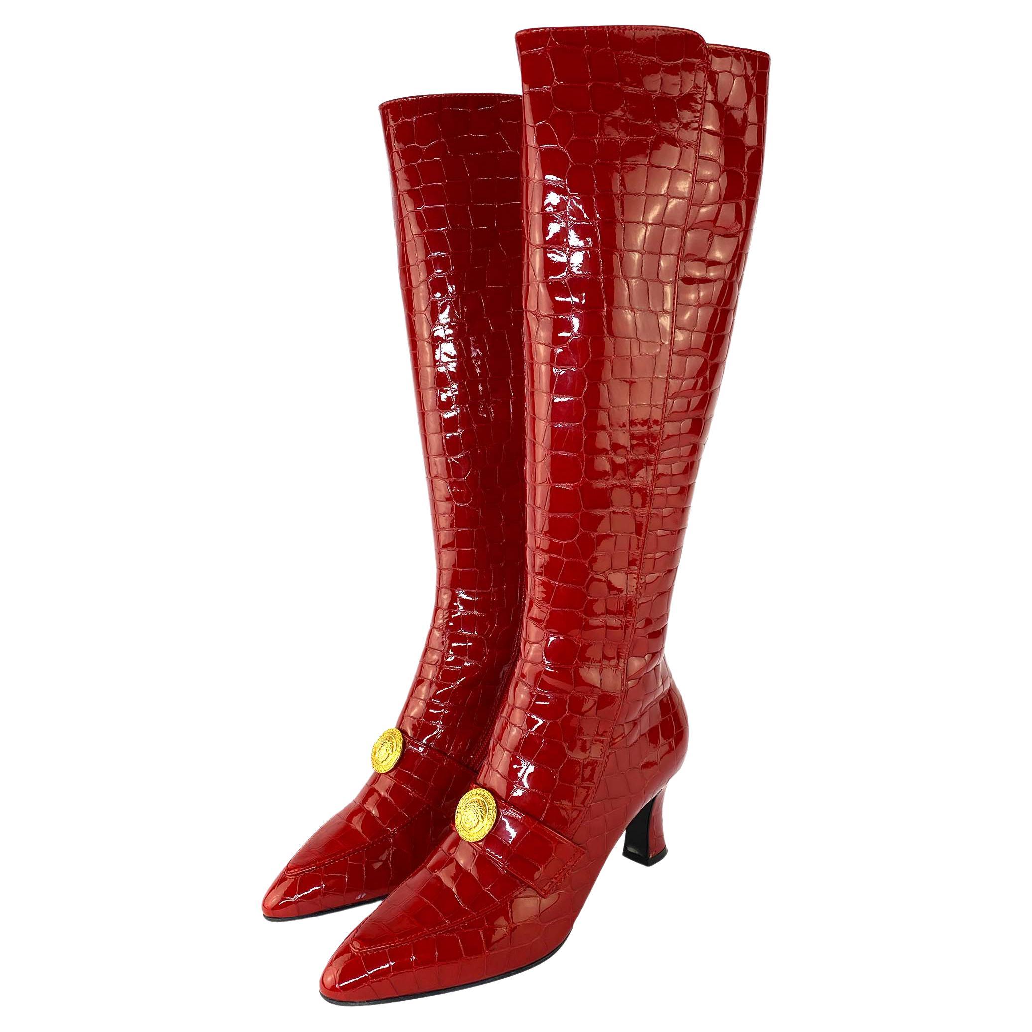 1990s Gianni Versace Gold Medusa Red Croc Embossed Patent Leather Boots