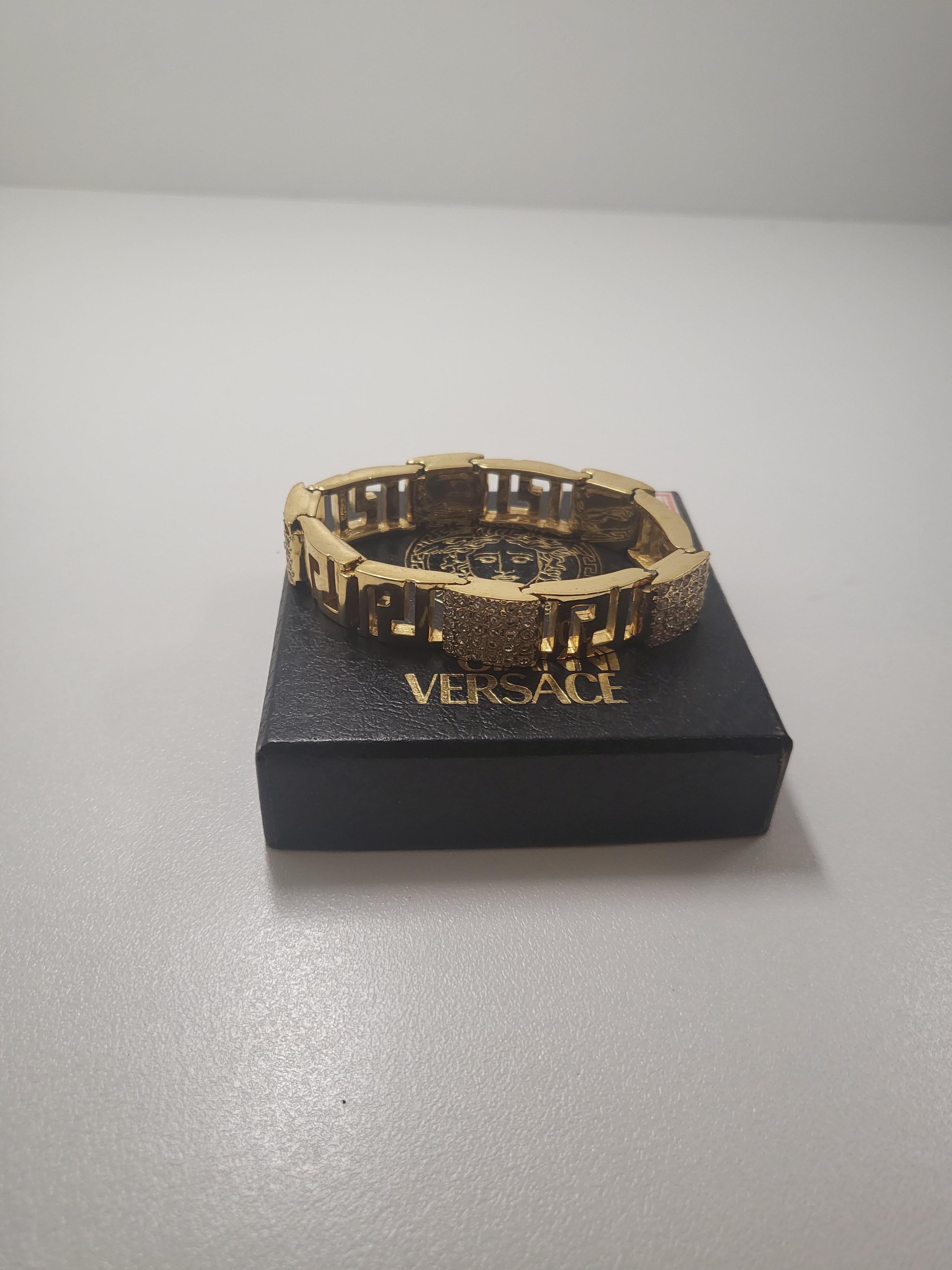 Contemporary 1990's Gianni Versace Gold Rhinestones Greca Chunky Bracelet  For Sale