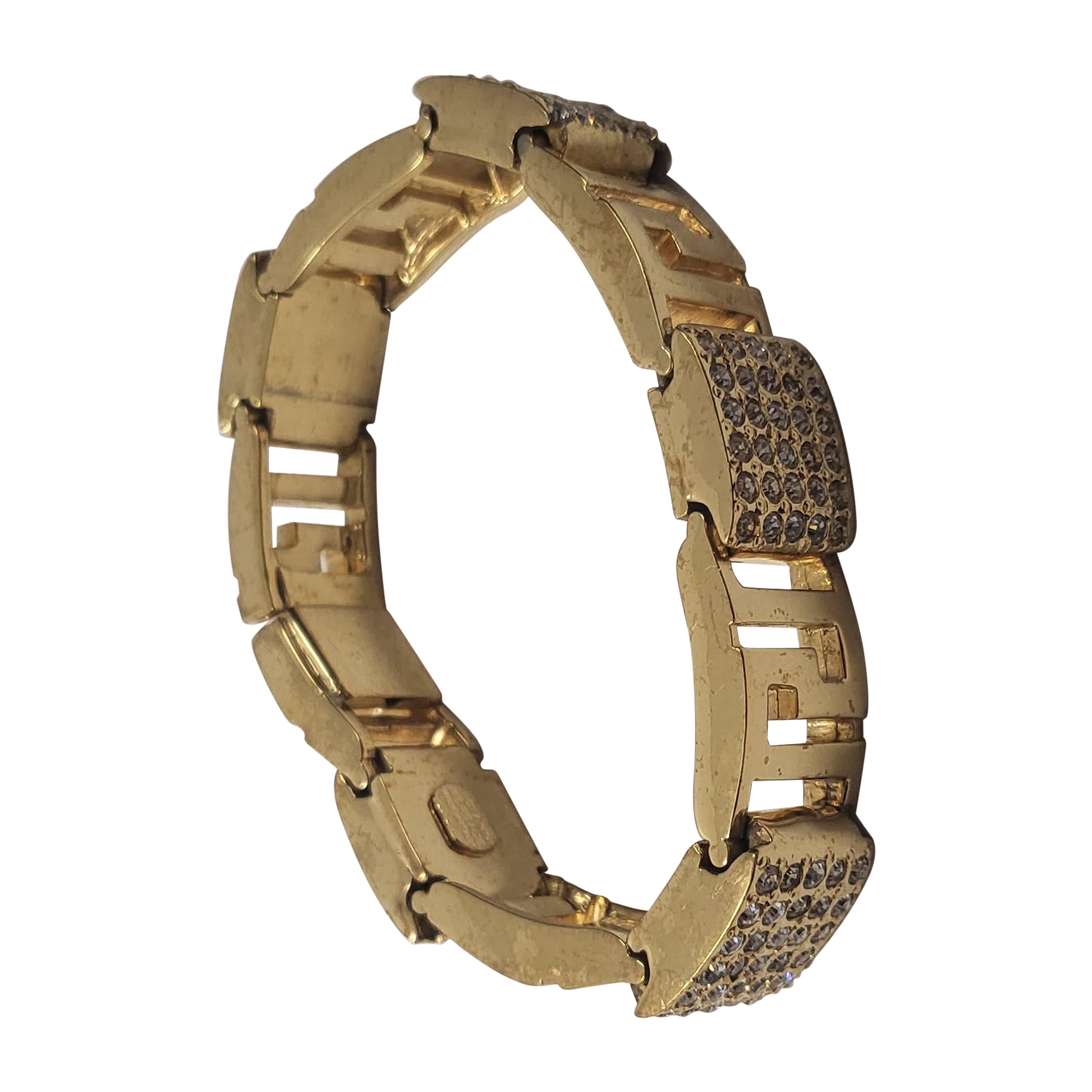 1990er Gianni Versace Greca Chunky-Armband aus Gold mit Strasssteinen und Stras