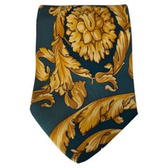 1990s Gianni Versace green gold baroque collection silk tie