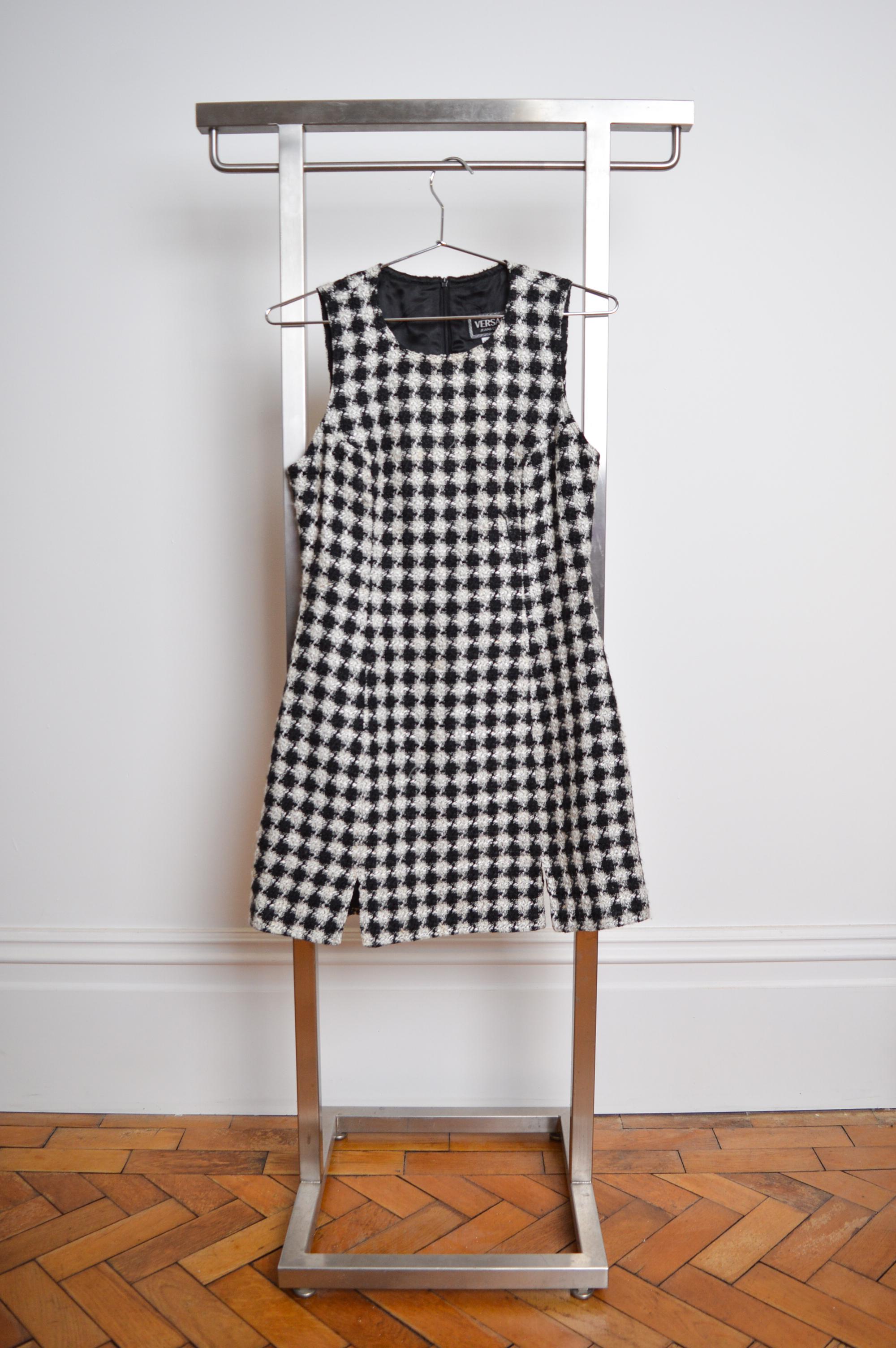 1990's Gianni Versace Jeans Couture Black & White Houndstooth Tweed Mini Dress 1