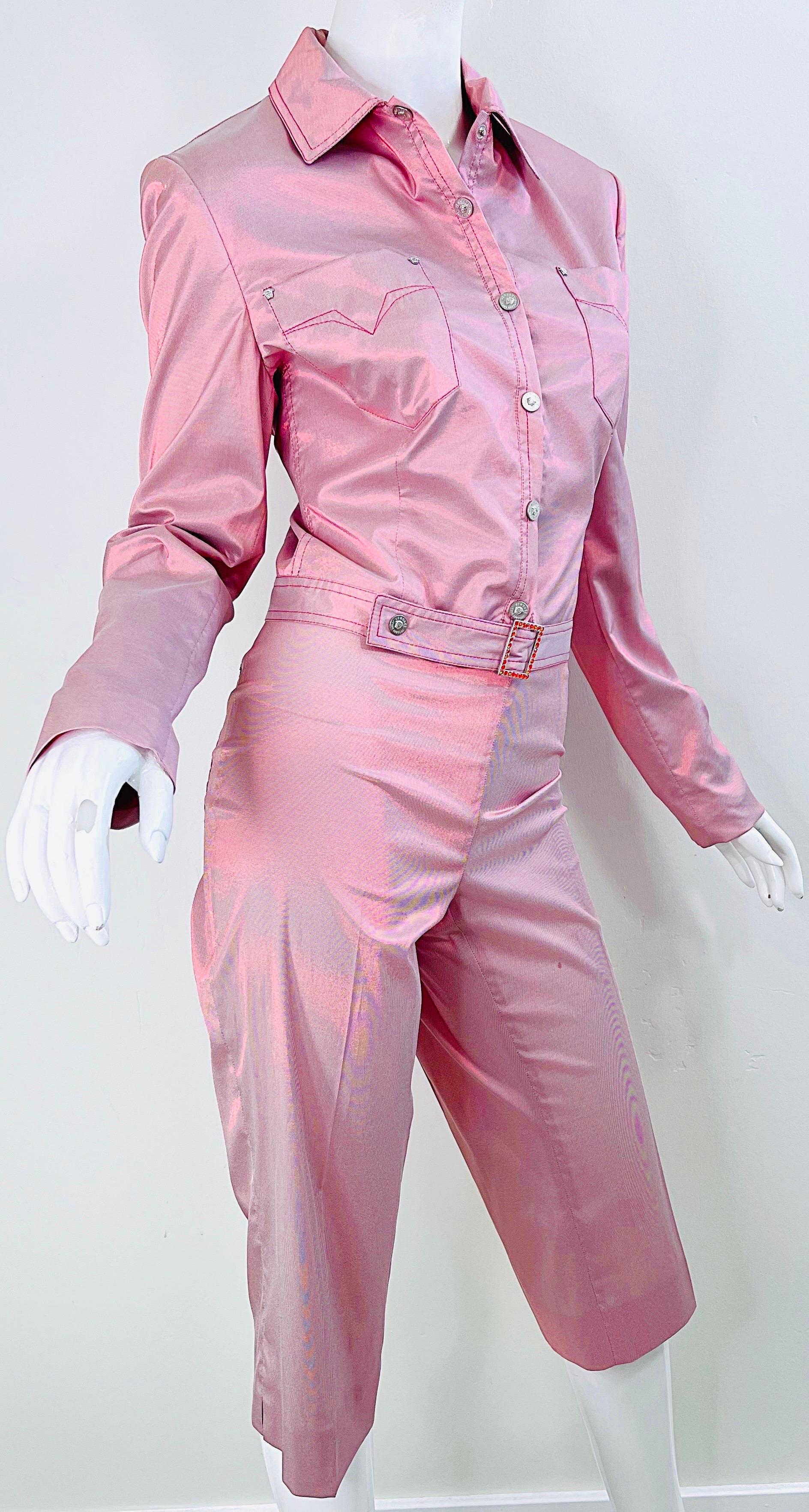 1990s Gianni Versace Jeans Couture Sz 10 Pink Red Iridescent Jacket Capri Pants 6