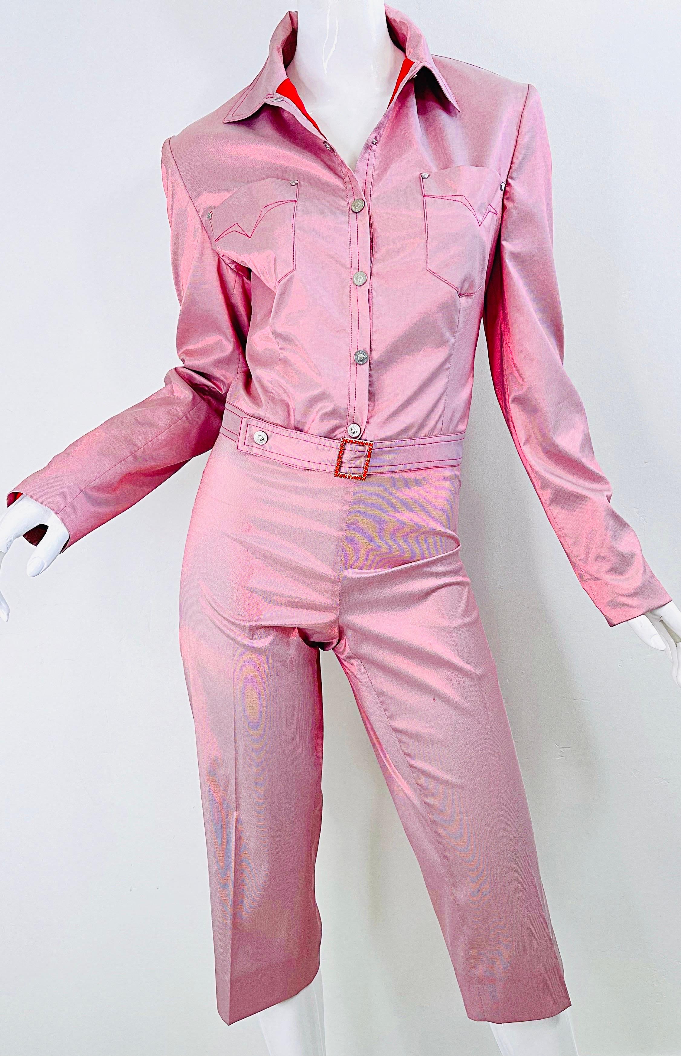 1990s Gianni Versace Jeans Couture Sz 10 Pink Red Iridescent Jacket Capri Pants 8