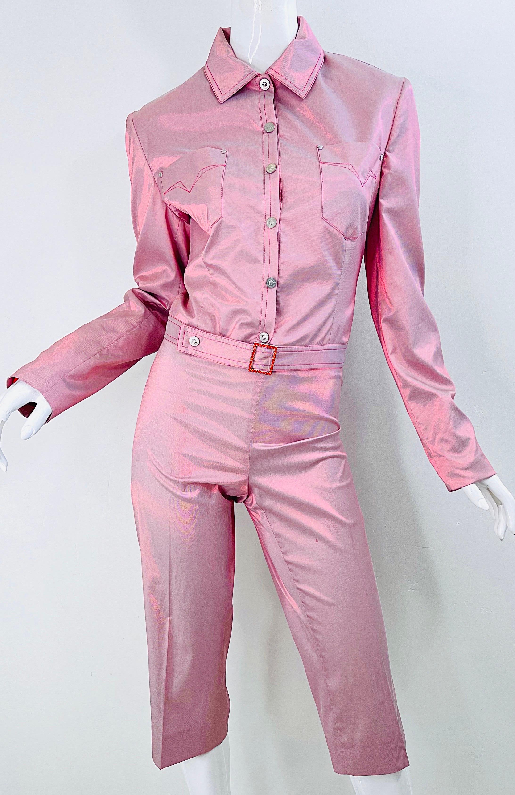 1990s Gianni Versace Jeans Couture Sz 10 Pink Red Iridescent Jacket Capri Pants 9