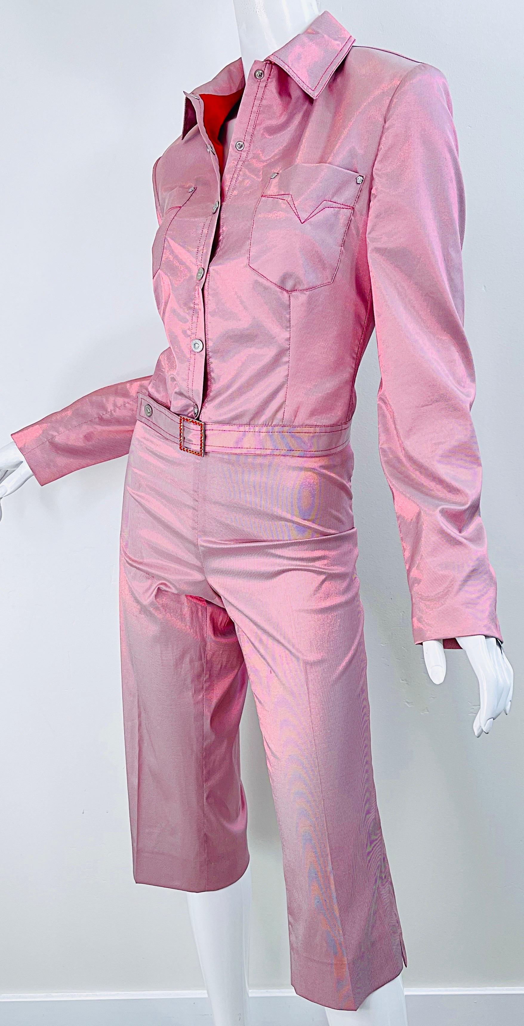 1990s Gianni Versace Jeans Couture Sz 10 Pink Red Iridescent Jacket Capri Pants 13