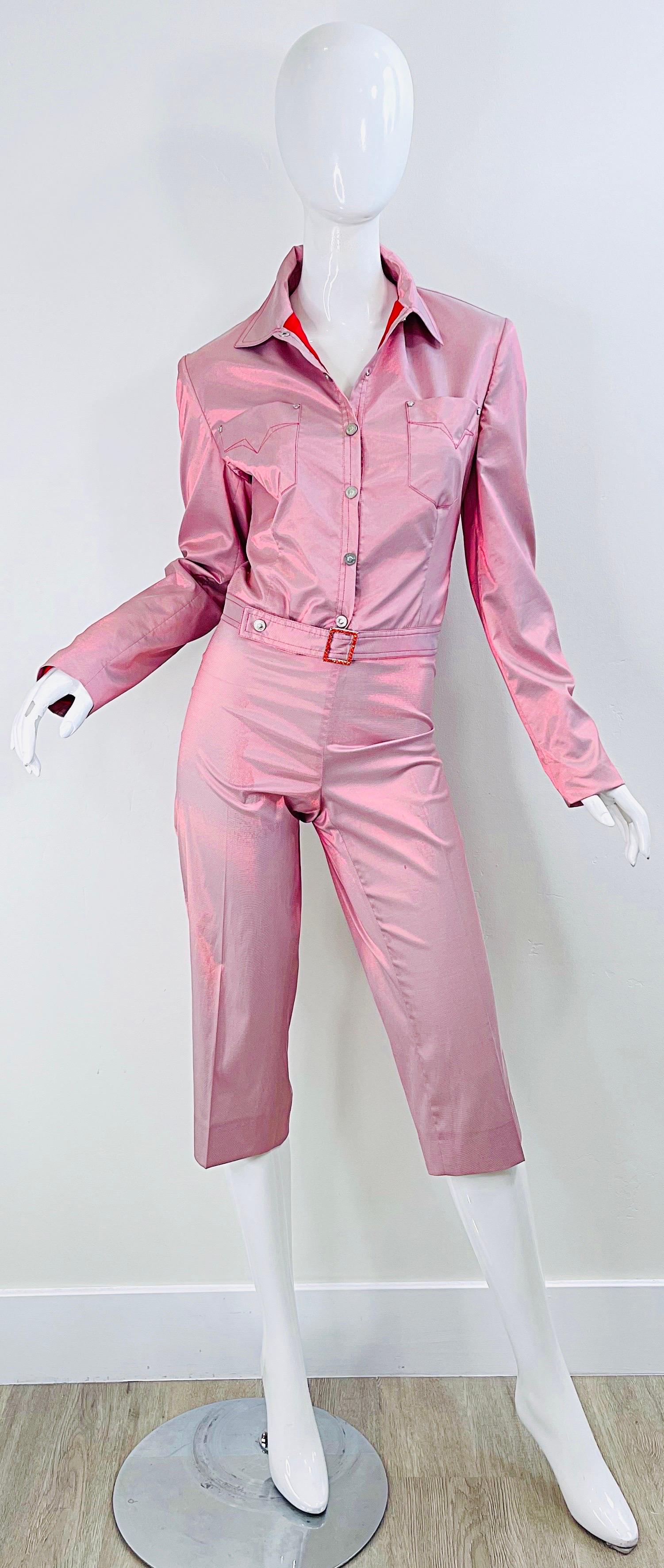 1990s Gianni Versace Jeans Couture Sz 10 Pink Red Iridescent Jacket Capri Pants 14