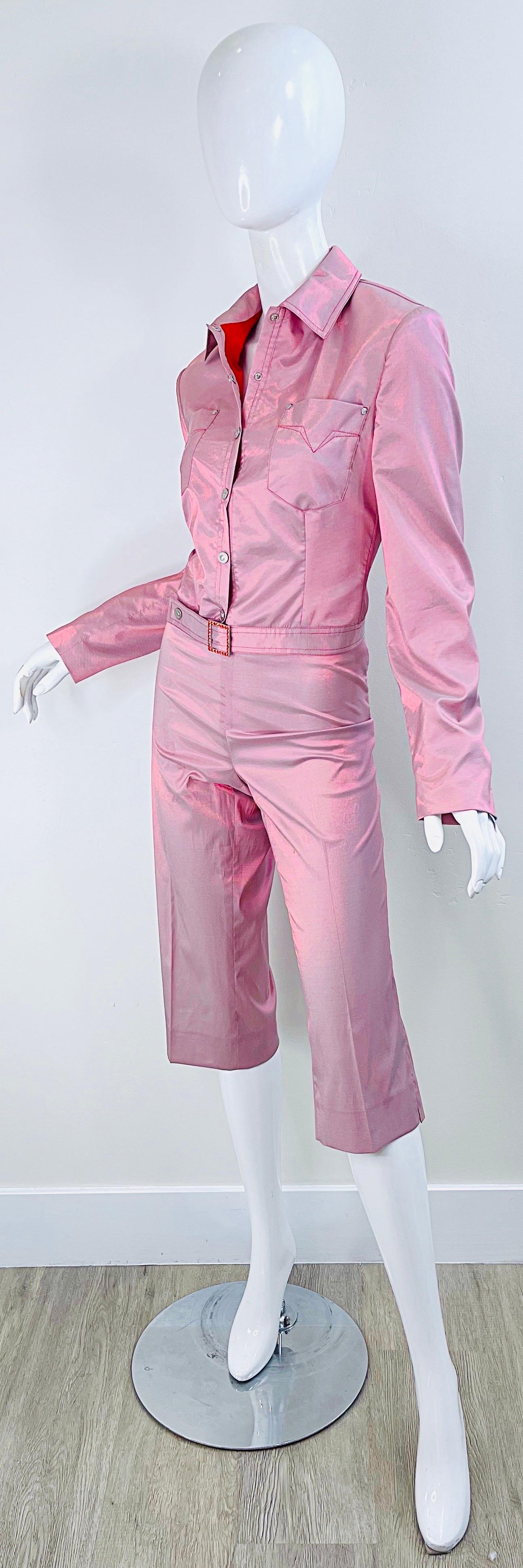 1990s Gianni Versace Jeans Couture Sz 10 Pink Red Iridescent Jacket Capri Pants 3
