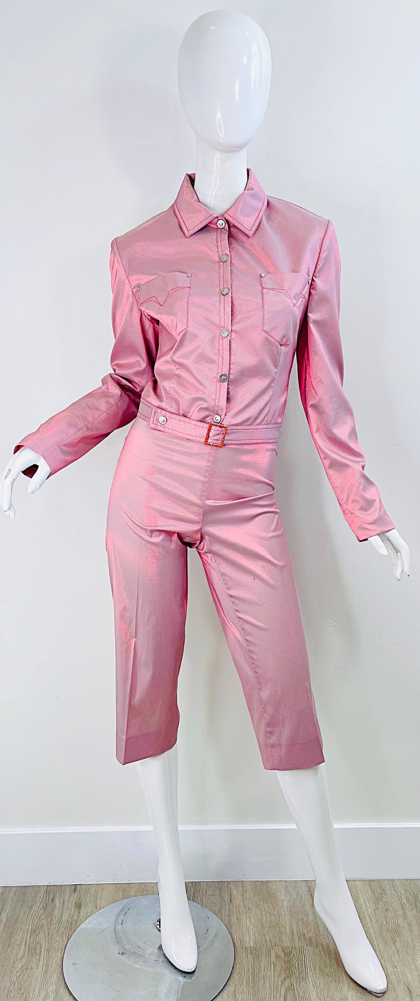 1990s Gianni Versace Jeans Couture Sz 10 Pink Red Iridescent Jacket Capri Pants 5