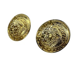 1990s Gianni Versace Large Round Gold Medusa Logo Costume Clip on Earrings