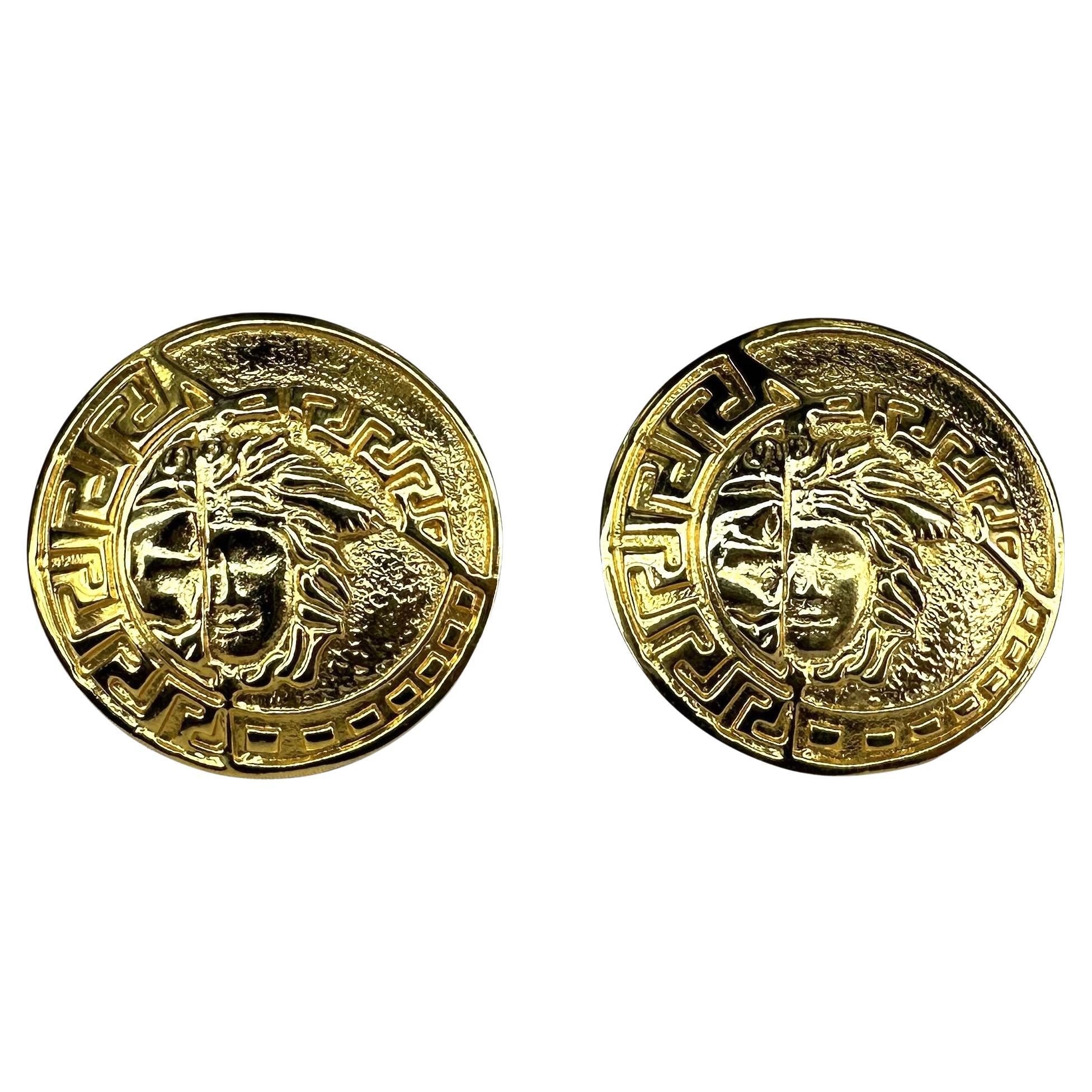 1990s Gianni Versace Large Round Gold Medusa Logo Costume Clip on Earrings  For Sale