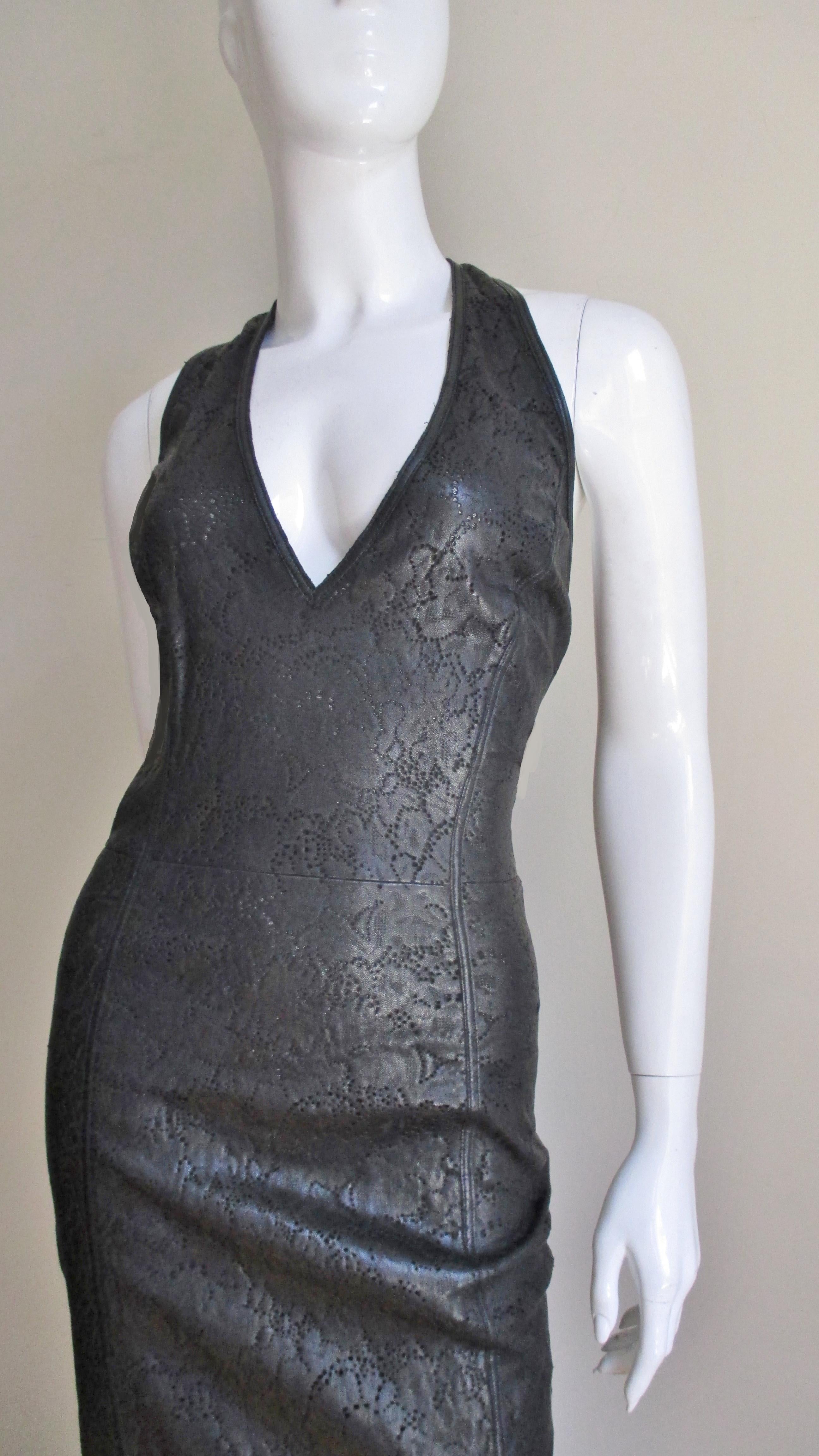 Black 1990s Gianni Versace Laser Cut Leather Plunge Dress