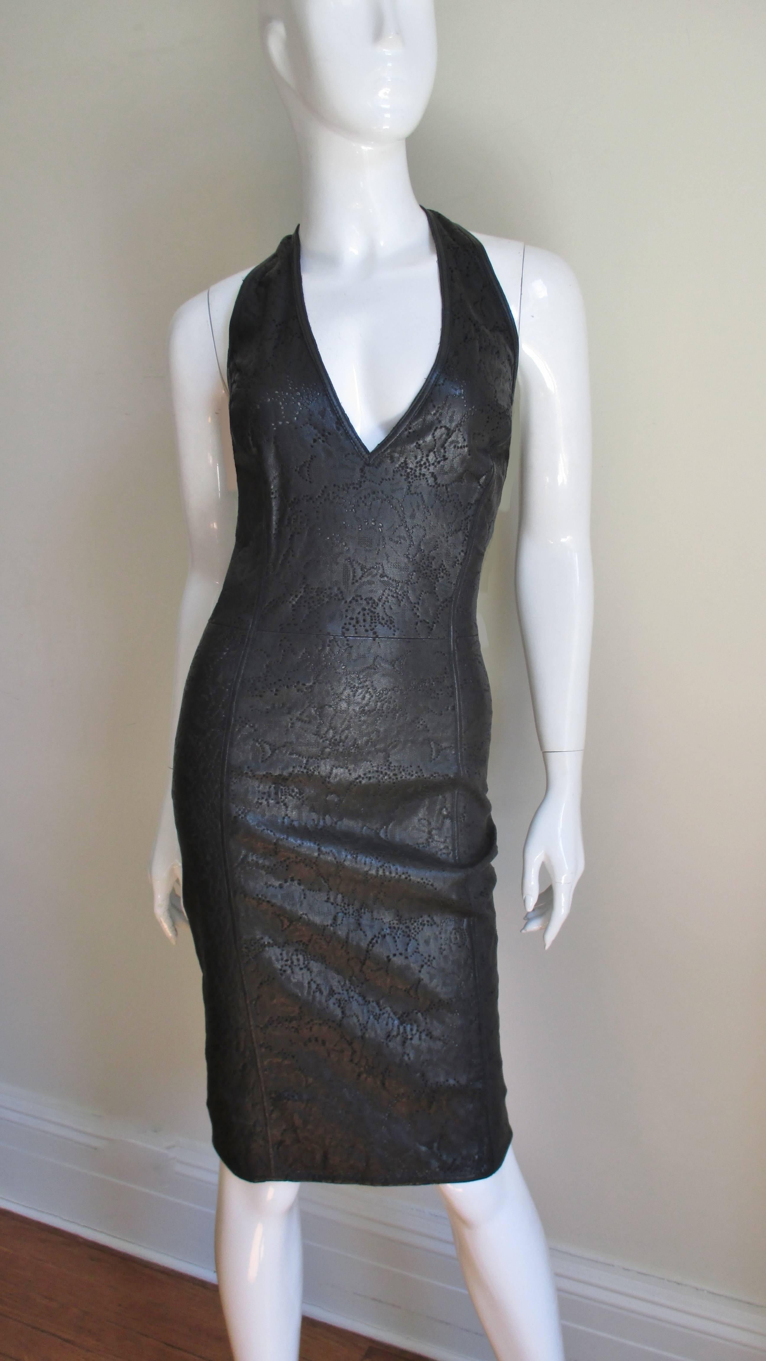 Black Gianni Versace Laser Perforated Leather Halter Dress 1990s For Sale
