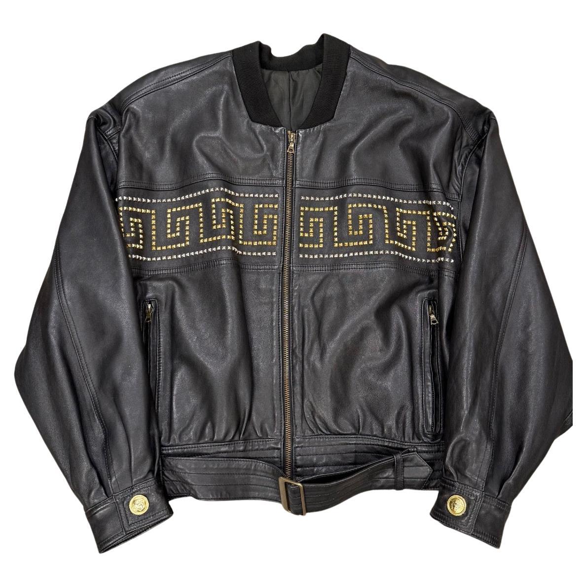1990s Gianni Versace leather jacket with gold studs details For Sale