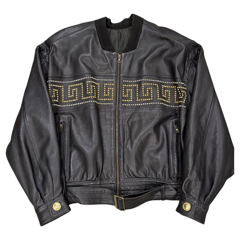 1990s Gianni Versace leather jacket with gold studs details For 