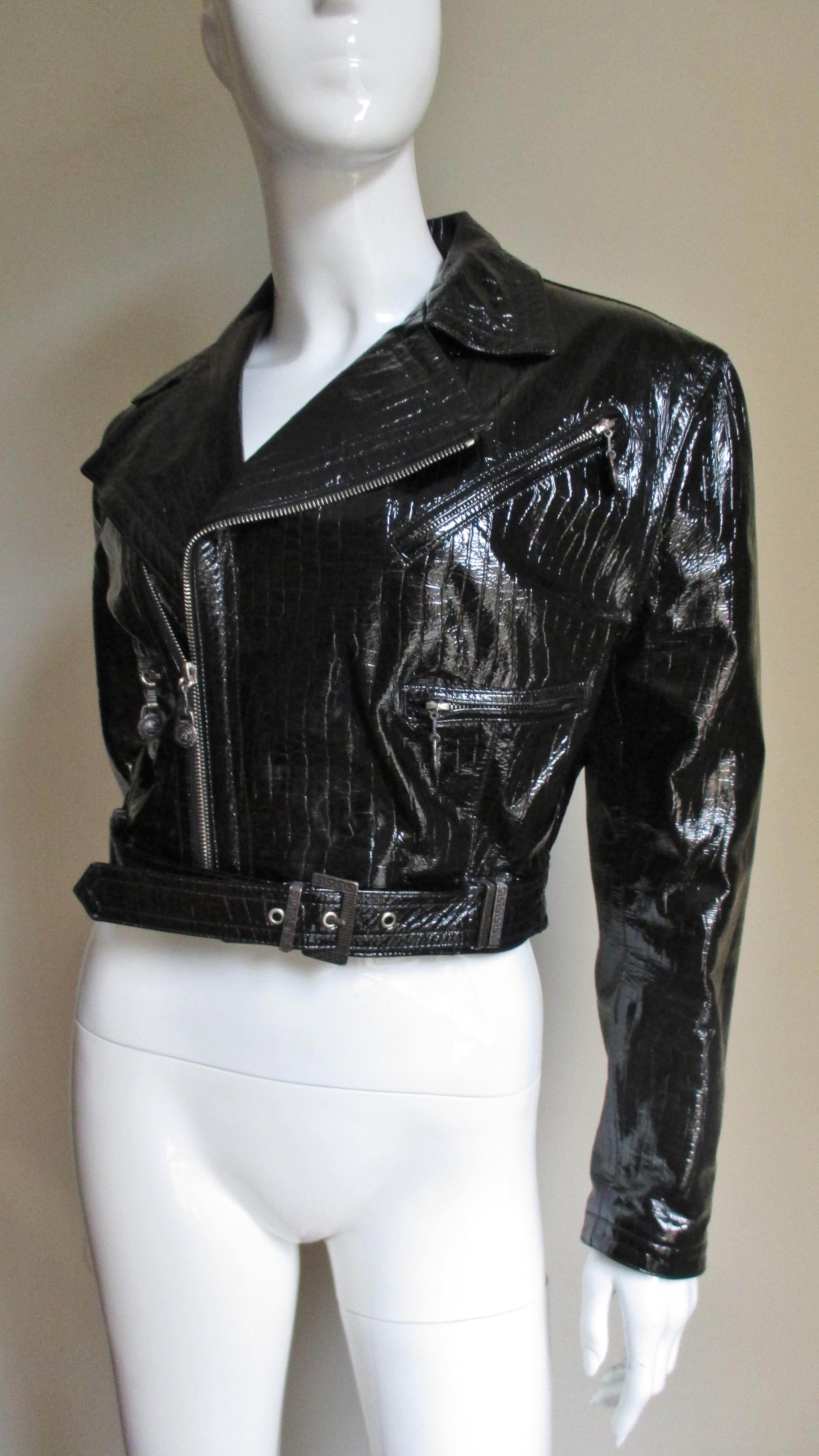 Black Gianni Versace Leather Motorcycle Jacket and Skirt A/W 1994 For Sale