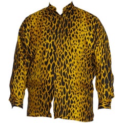 Retro 1990S GIANNI VERSACE Leopard Print Silk Twill Men's Shirt