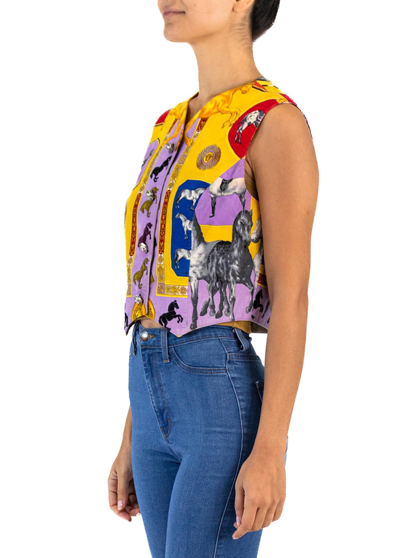 1990S GIANNI VERSACE Lilac Cotton Corduroy Equestrian Print Vest With Gold Medusa Buttons