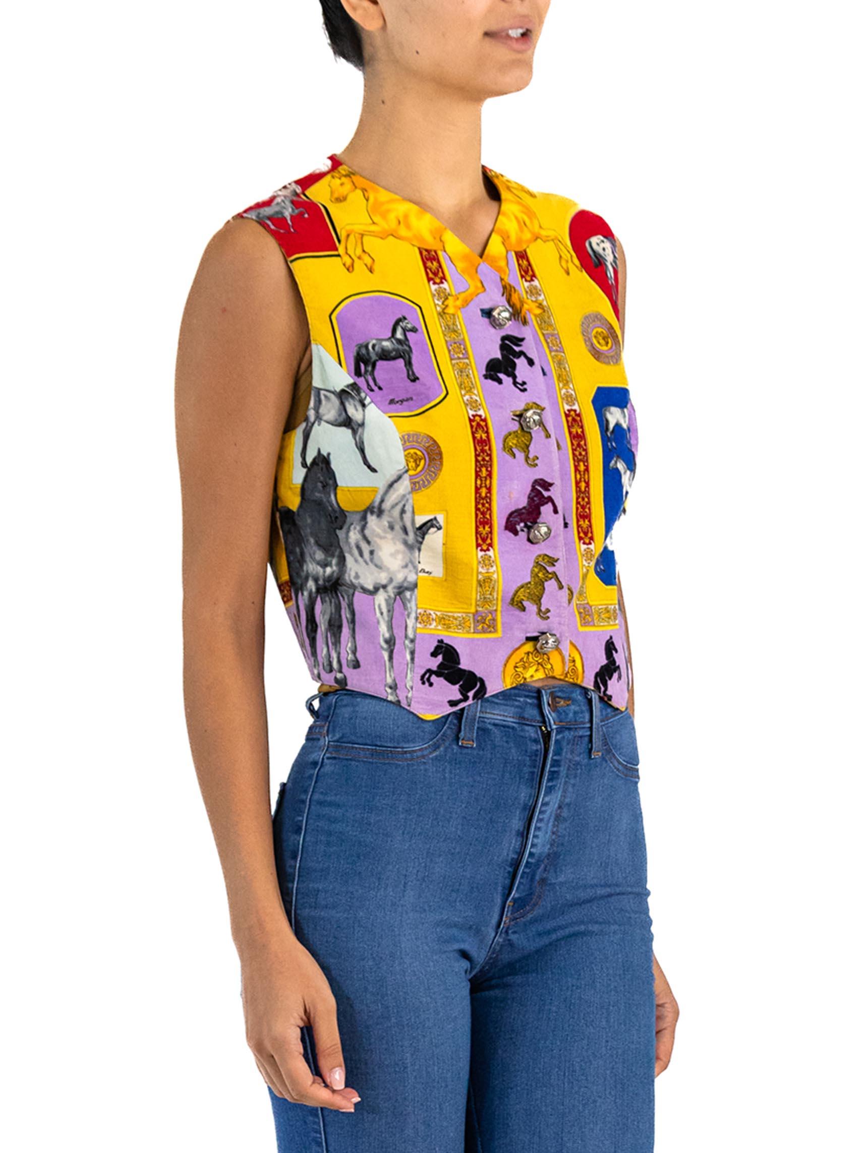 1990S GIANNI VERSACE Lilac Cotton Corduroy Equestrian Print Vest With Gold Medu In Excellent Condition In New York, NY