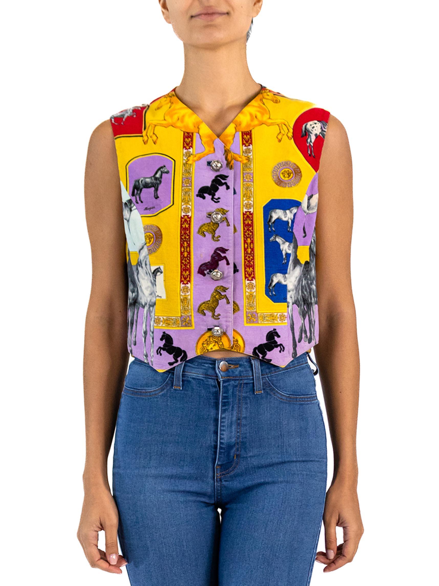 Women's 1990S GIANNI VERSACE Lilac Cotton Corduroy Equestrian Print Vest With Gold Medu
