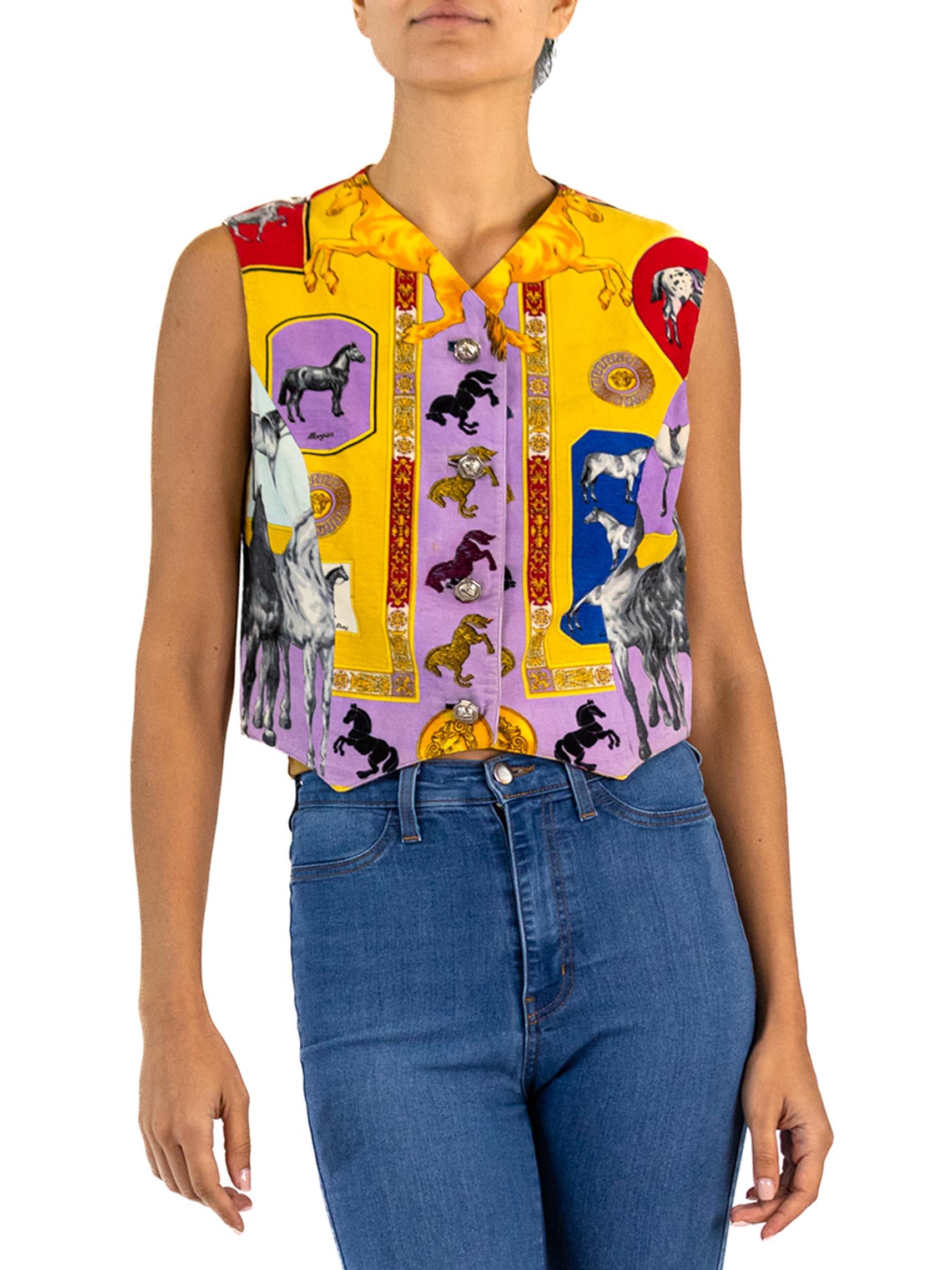1990S GIANNI VERSACE Lilac Cotton Corduroy Equestrian Print Vest With Gold Medu 2