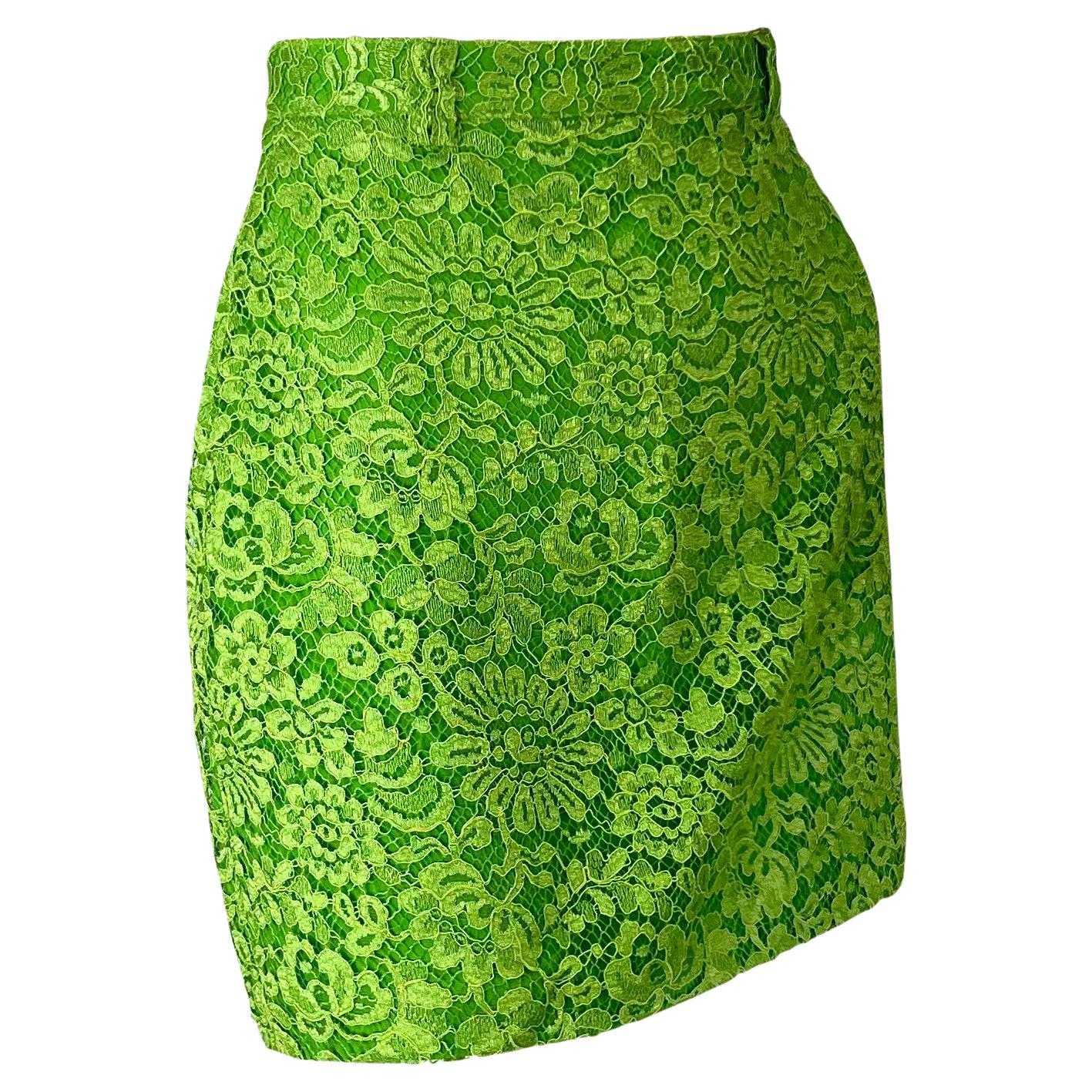 1990s Gianni Versace Lime Green Lace Overlay Mini Skirt In Excellent Condition In West Hollywood, CA