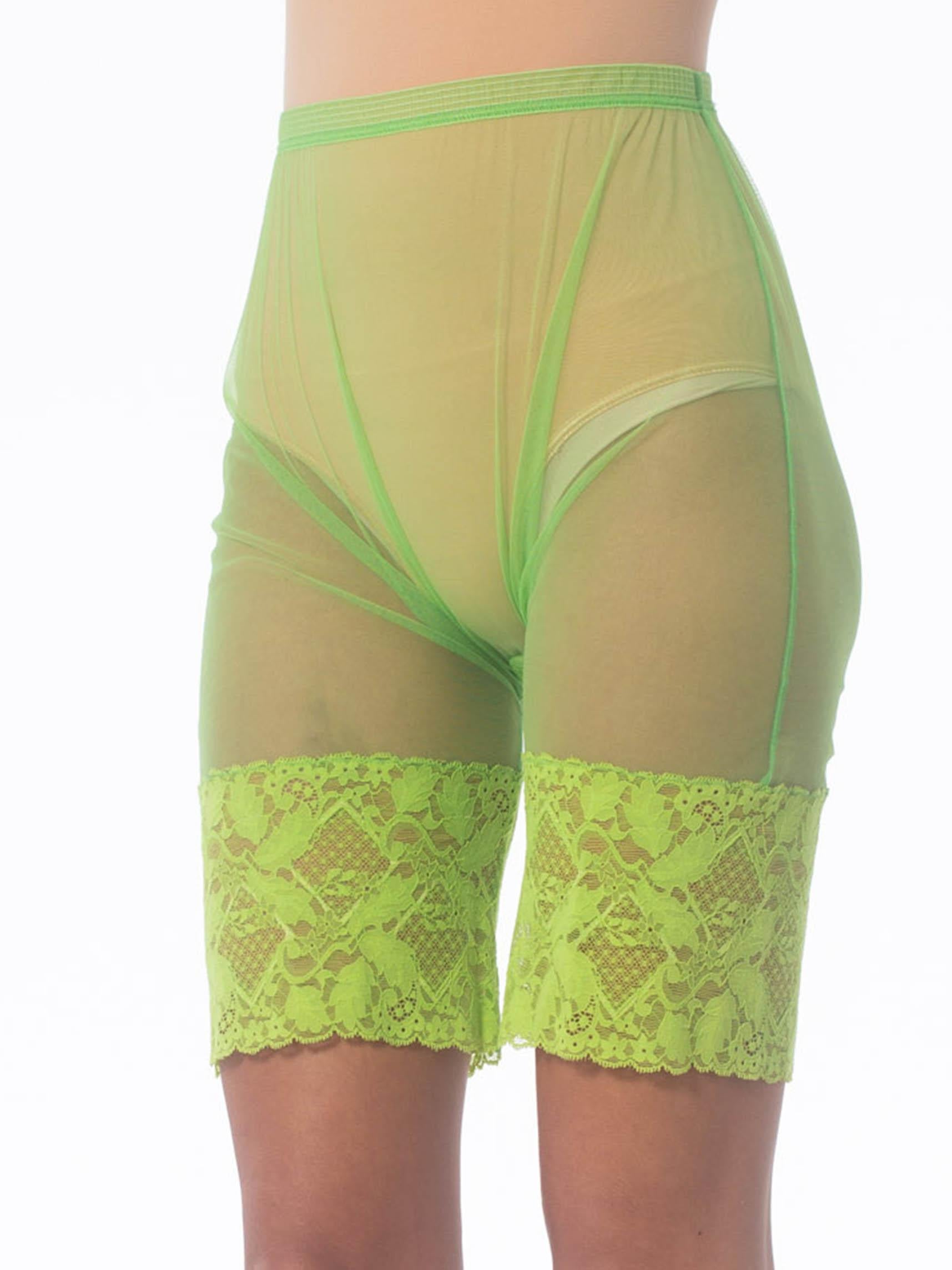 1990S GIANNI VERSACE Lime Green Nylon Net Sheer Bike Shorts With Lace Hem For Sale 1