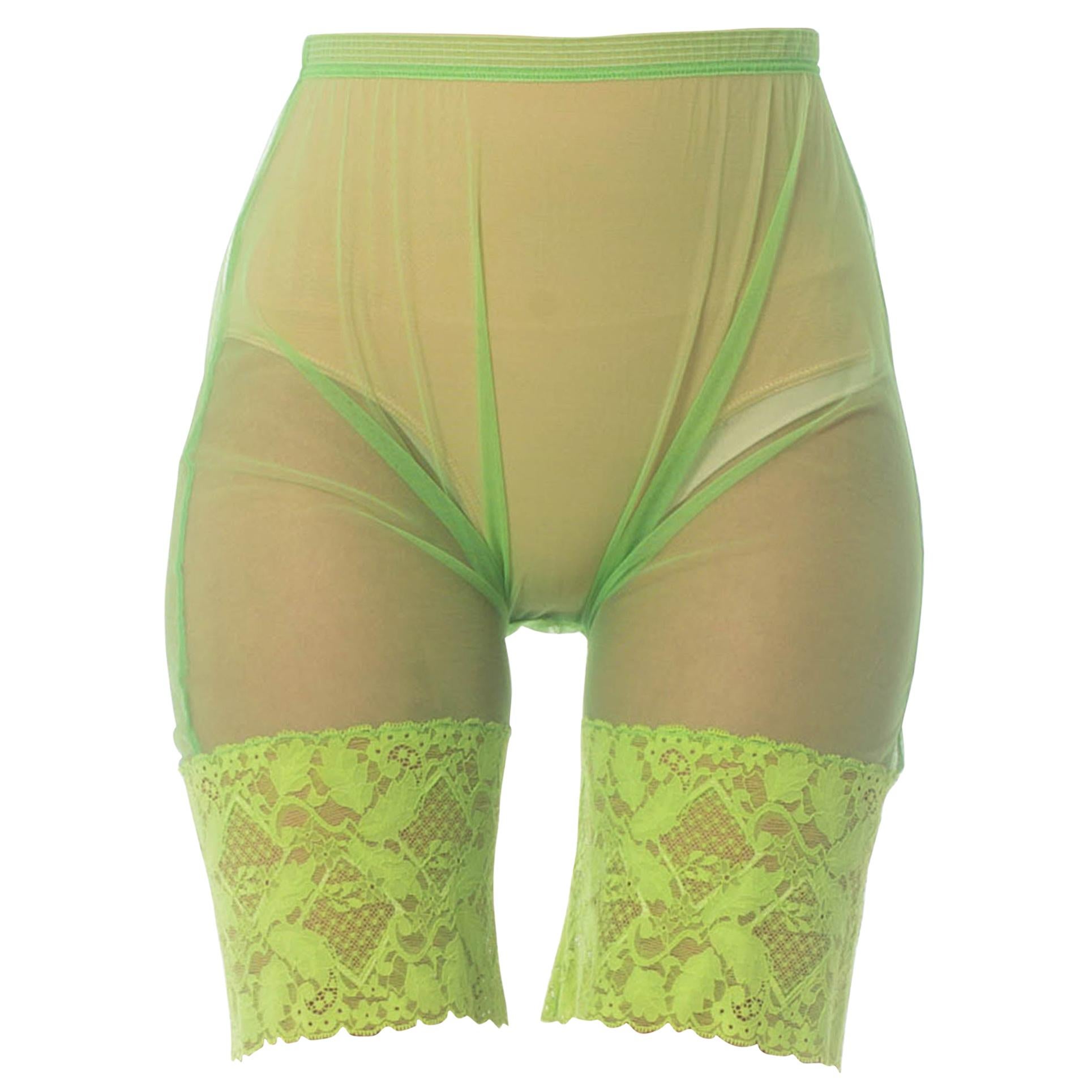 1990S GIANNI VERSACE Lime Green Nylon Net Sheer Bike Shorts With Lace Hem For Sale
