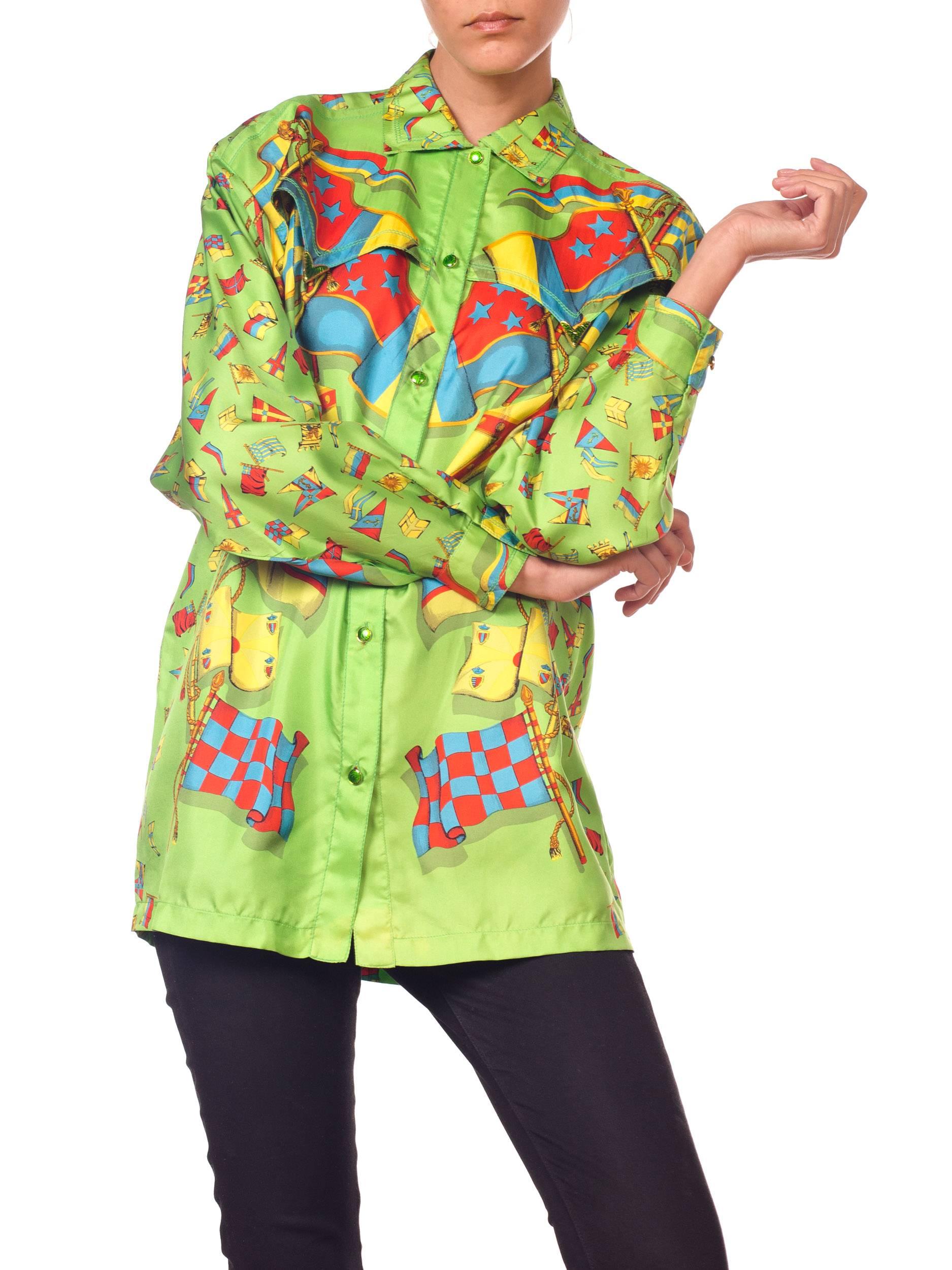 1990S GIANNI VERSACE Lime Green Silk Men's Flag Print Shirt For Sale 5