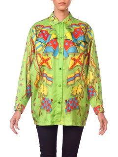 1990S GIANNI VERSACE Lime Green Silk Men's Flag Print Shirt