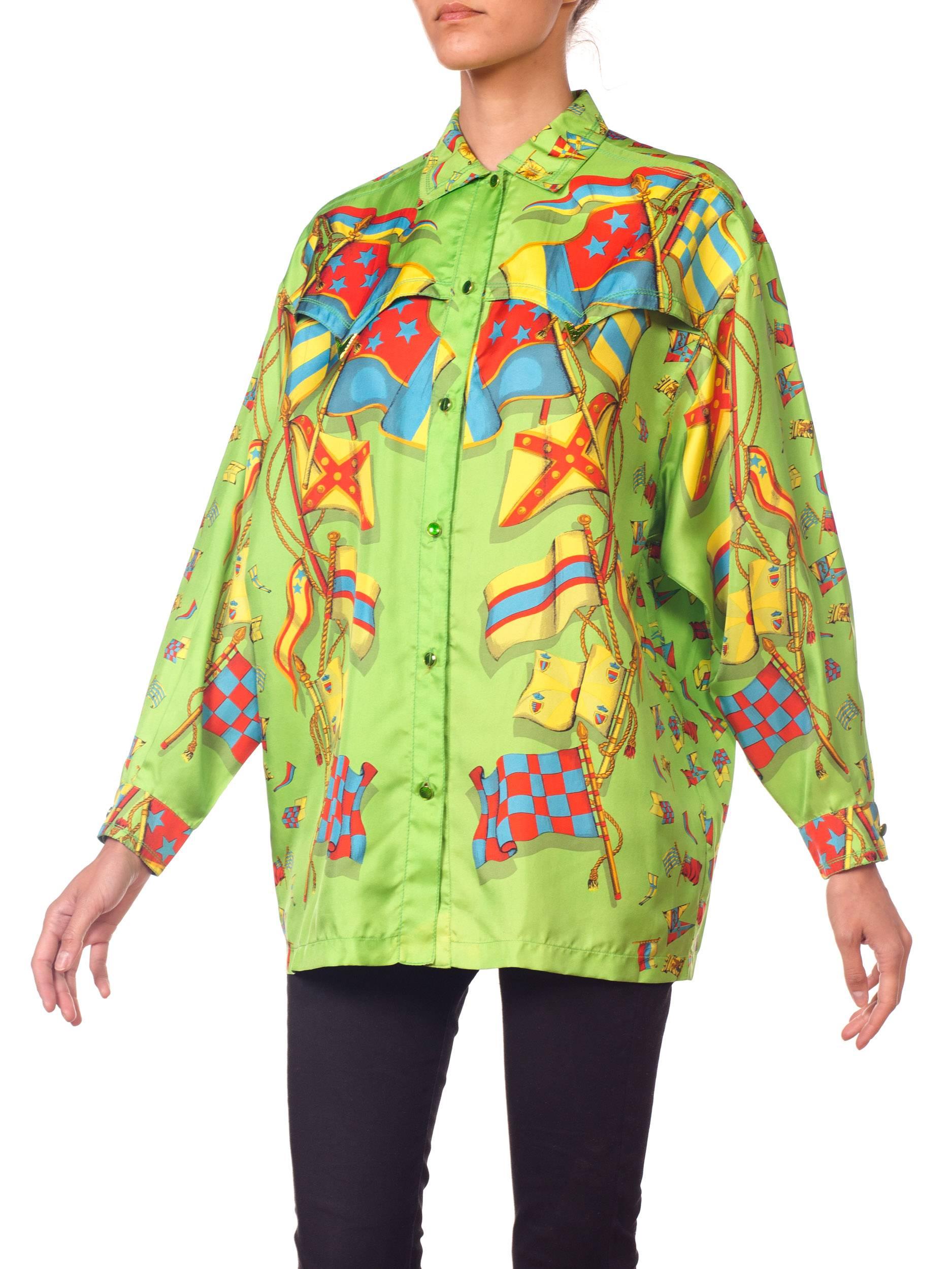 1990S GIANNI VERSACE Lime Green Silk Men's Flag Print Shirt In Good Condition For Sale In New York, NY