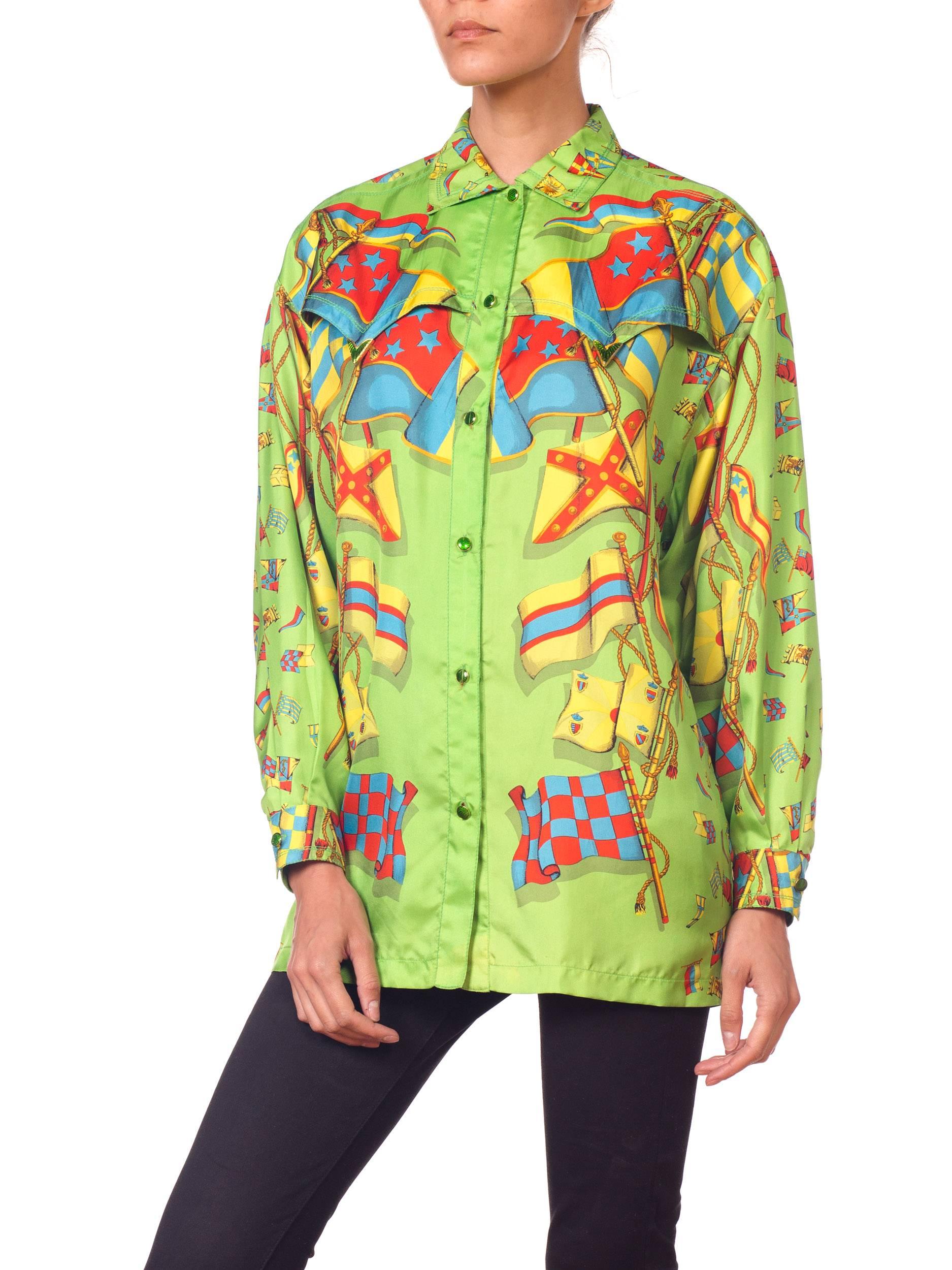 1990s GIANNI VERSACE Lime Green Silk Men's Flag Print Shirt  In Excellent Condition For Sale In New York, NY