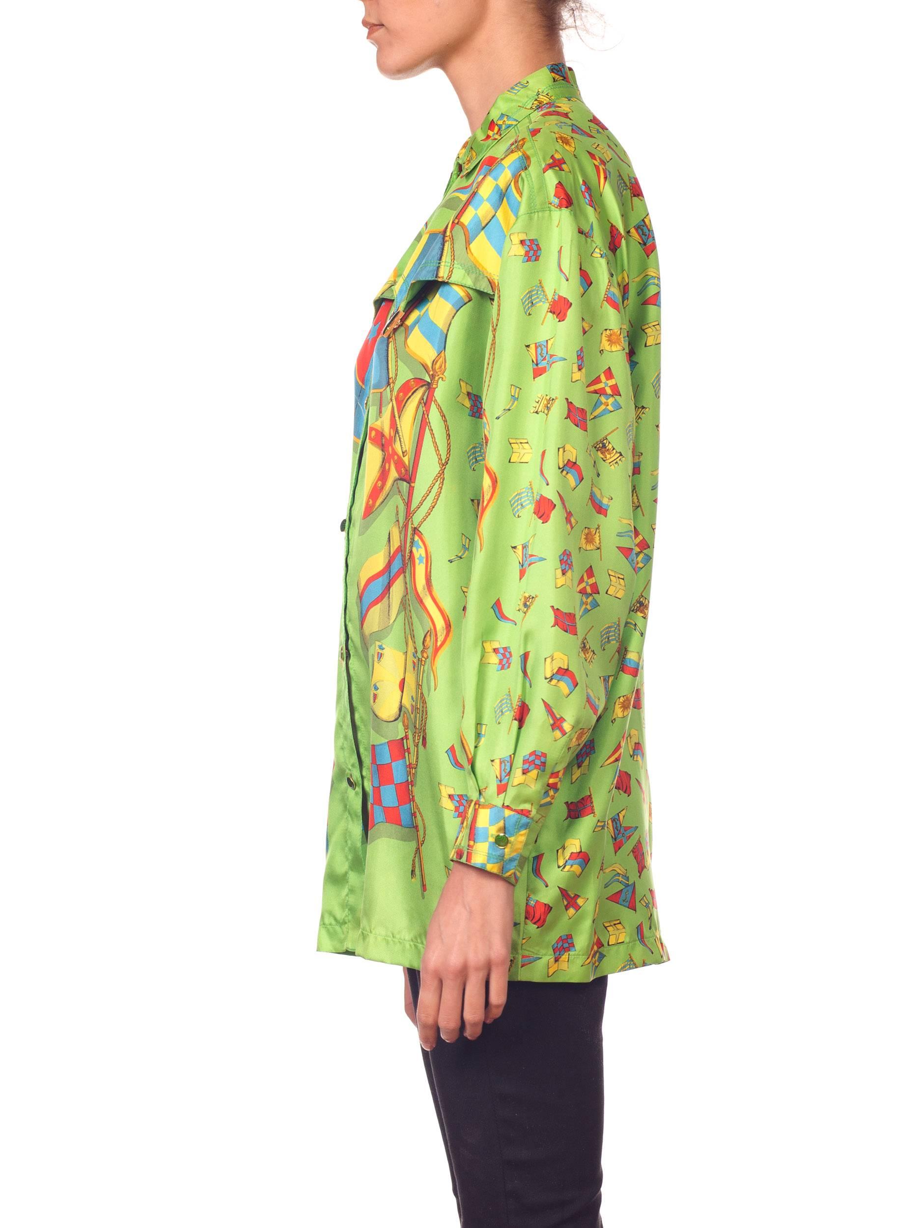 Women's 1990s GIANNI VERSACE Lime Green Silk Men's Flag Print Shirt  For Sale