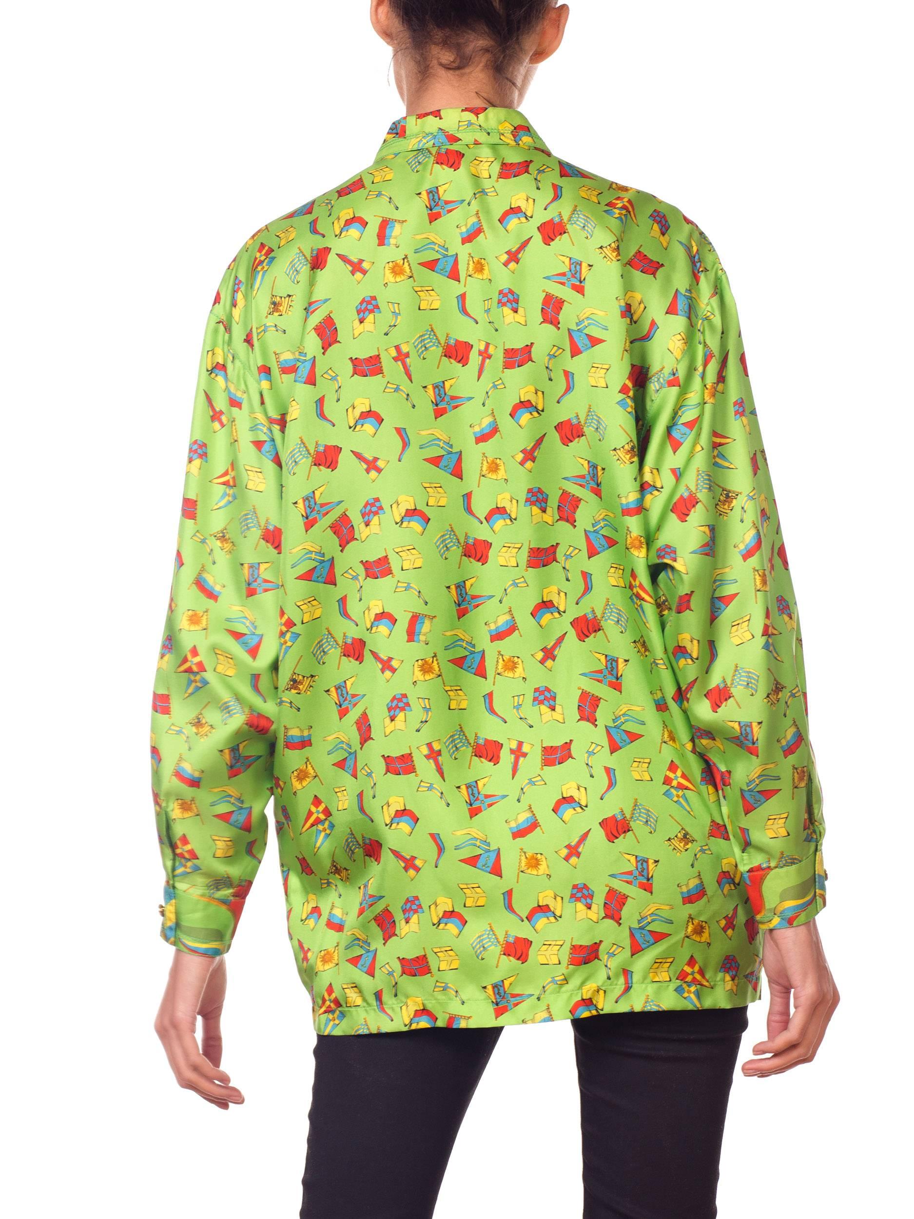 1990s GIANNI VERSACE Lime Green Silk Men's Flag Print Shirt  For Sale 1