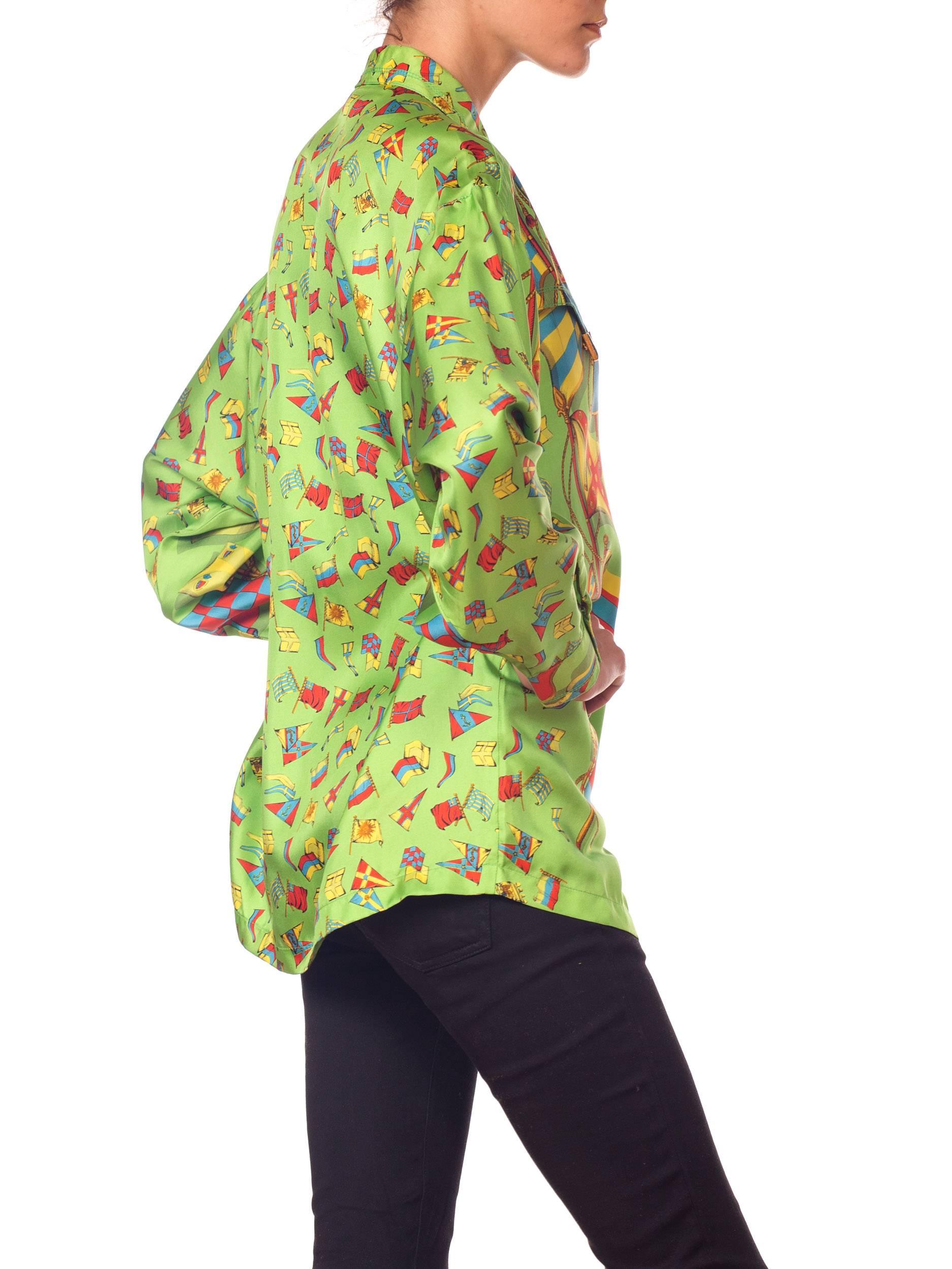 1990S GIANNI VERSACE Lime Green Silk Men's Flag Print Shirt For Sale 3