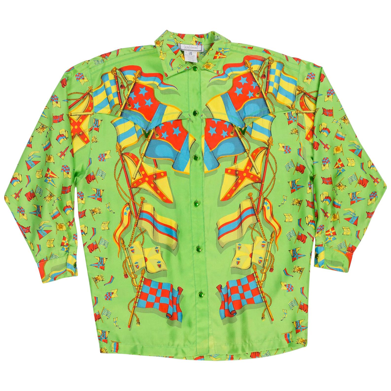 1990s GIANNI VERSACE Lime Green Silk Men's Flag Print Shirt 