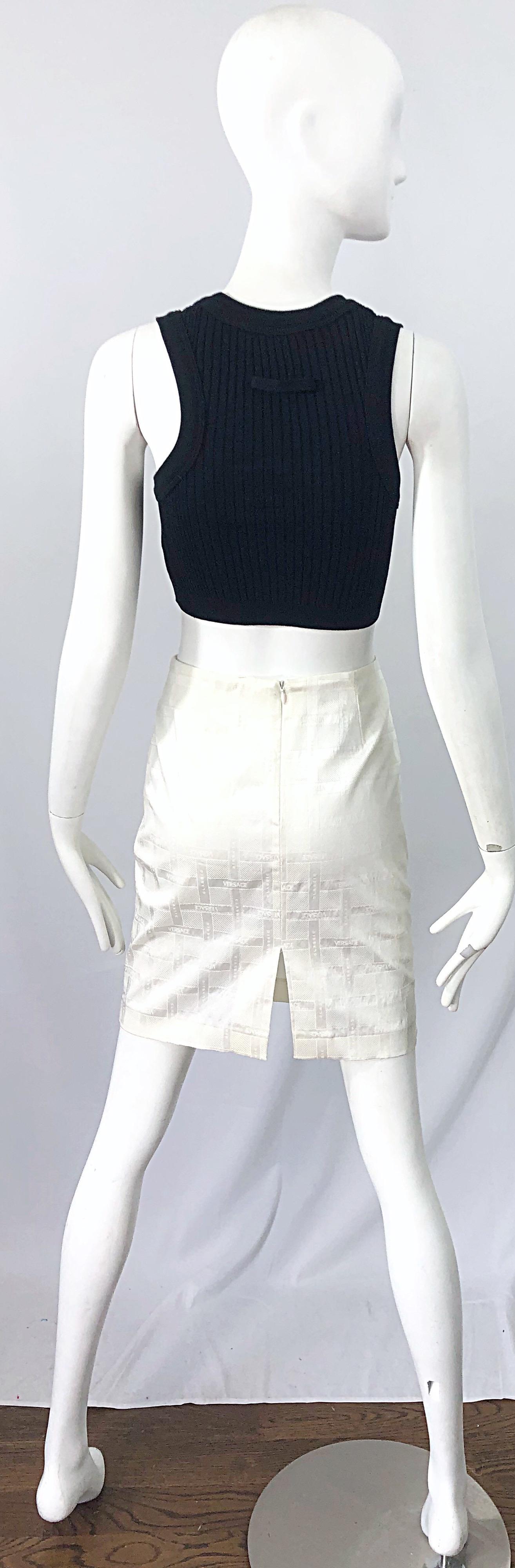 1990s Gianni Versace Logo Print White High Waist Silky Vintage 90s Mini Skirt For Sale 2