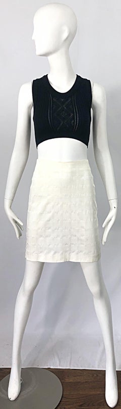 1990s Gianni Versace Logo Print White High Waist Silky Vintage 90s Mini Skirt