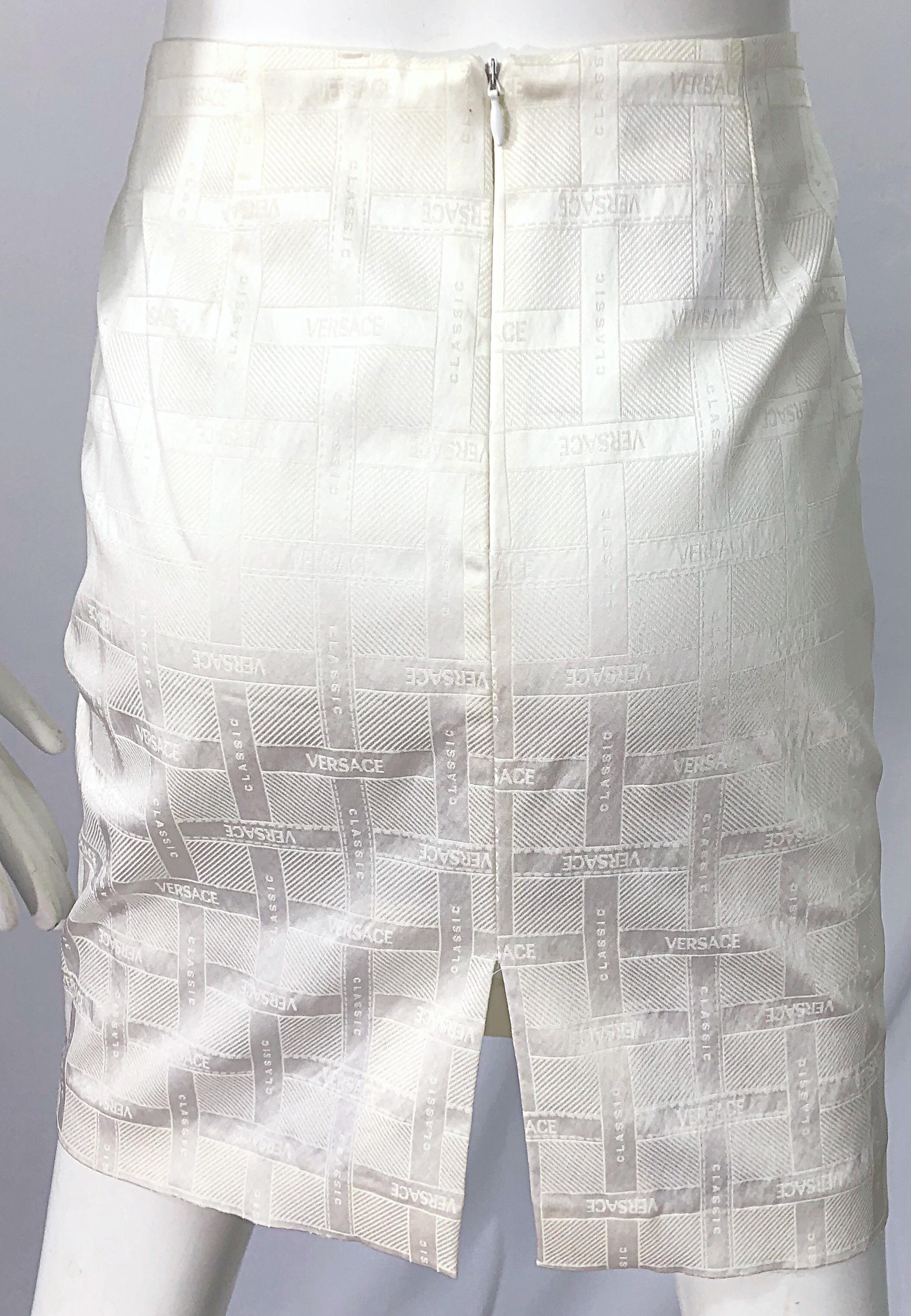 Gray 1990s Gianni Versace Logo Print White High Waist Silky Vintage 90s Mini Skirt For Sale