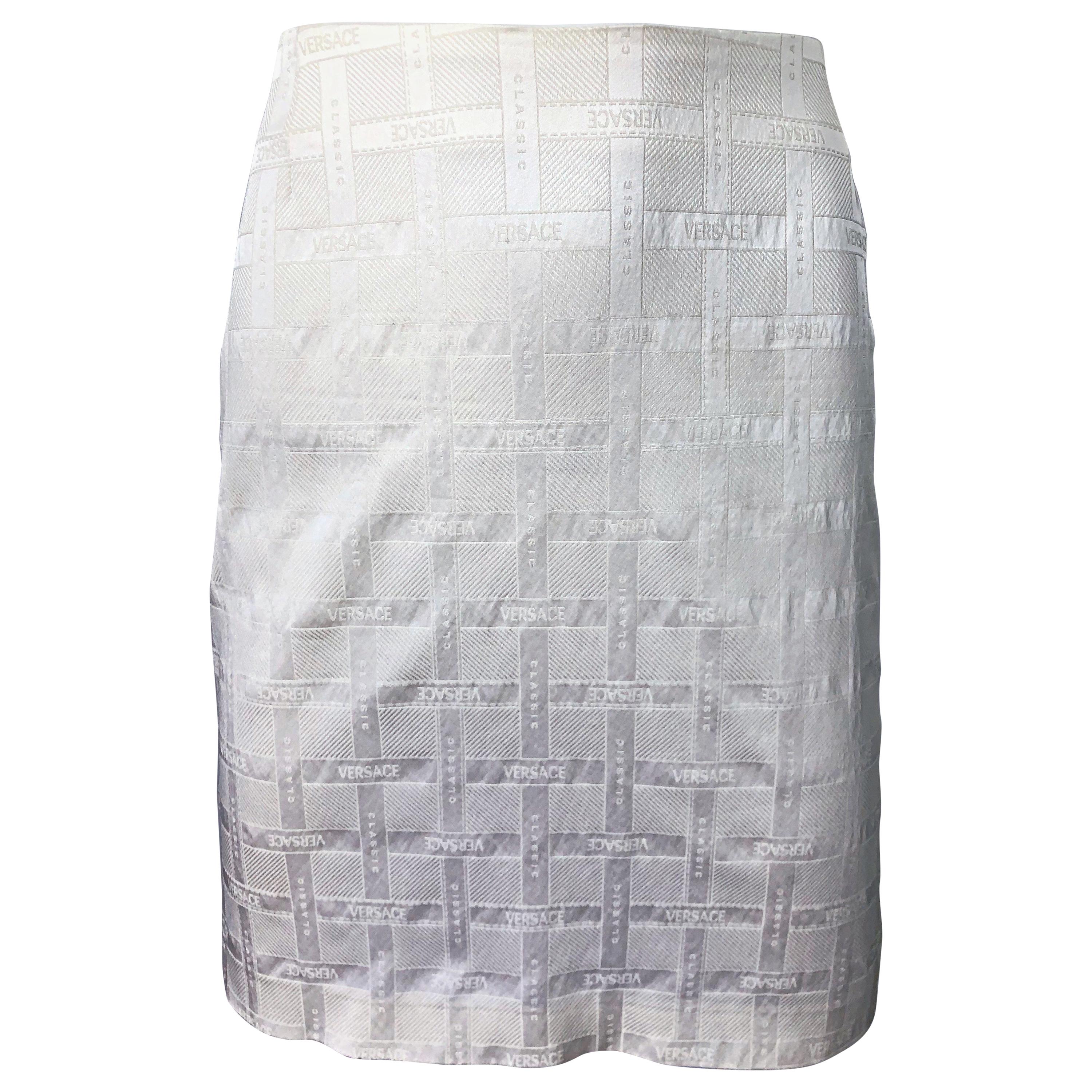 1990s Gianni Versace Logo Print White High Waist Silky Vintage 90s Mini Skirt
