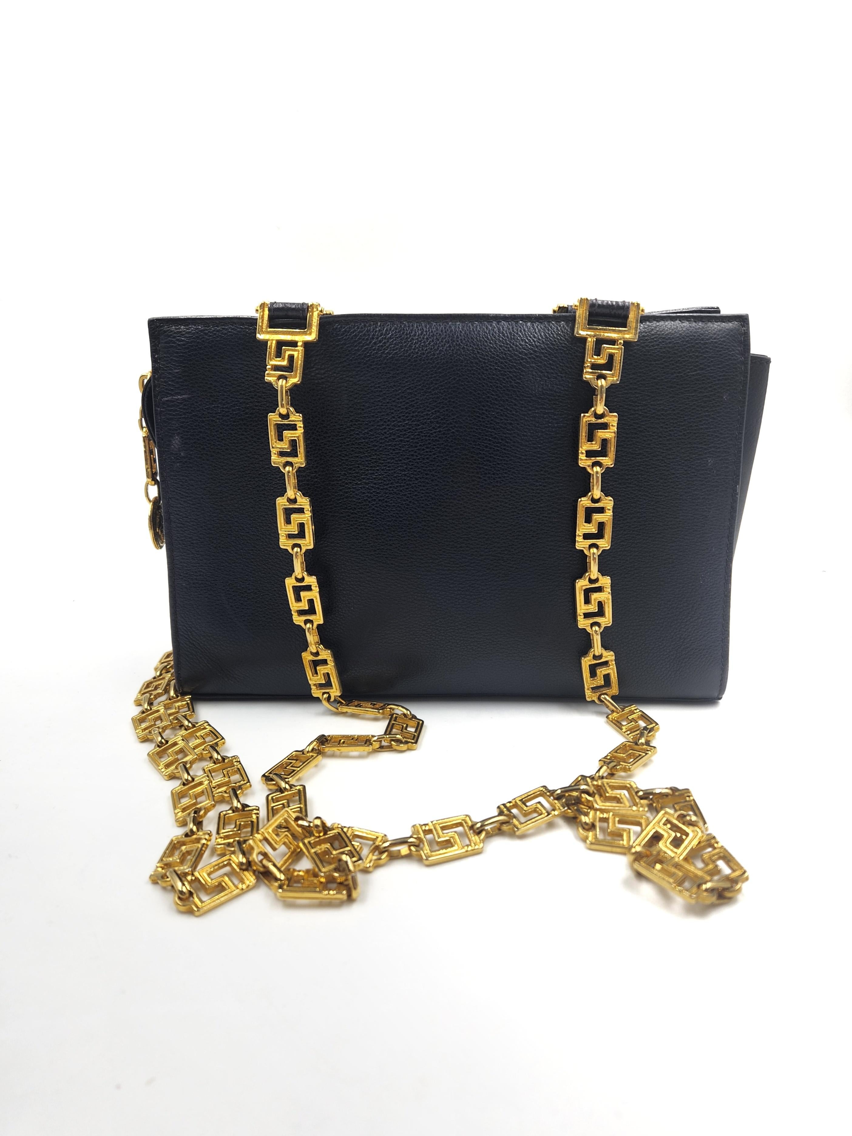 1990's GIANNI VERSACE Medusa Medallion Greca Chain Women's Black Handbag BAG 1