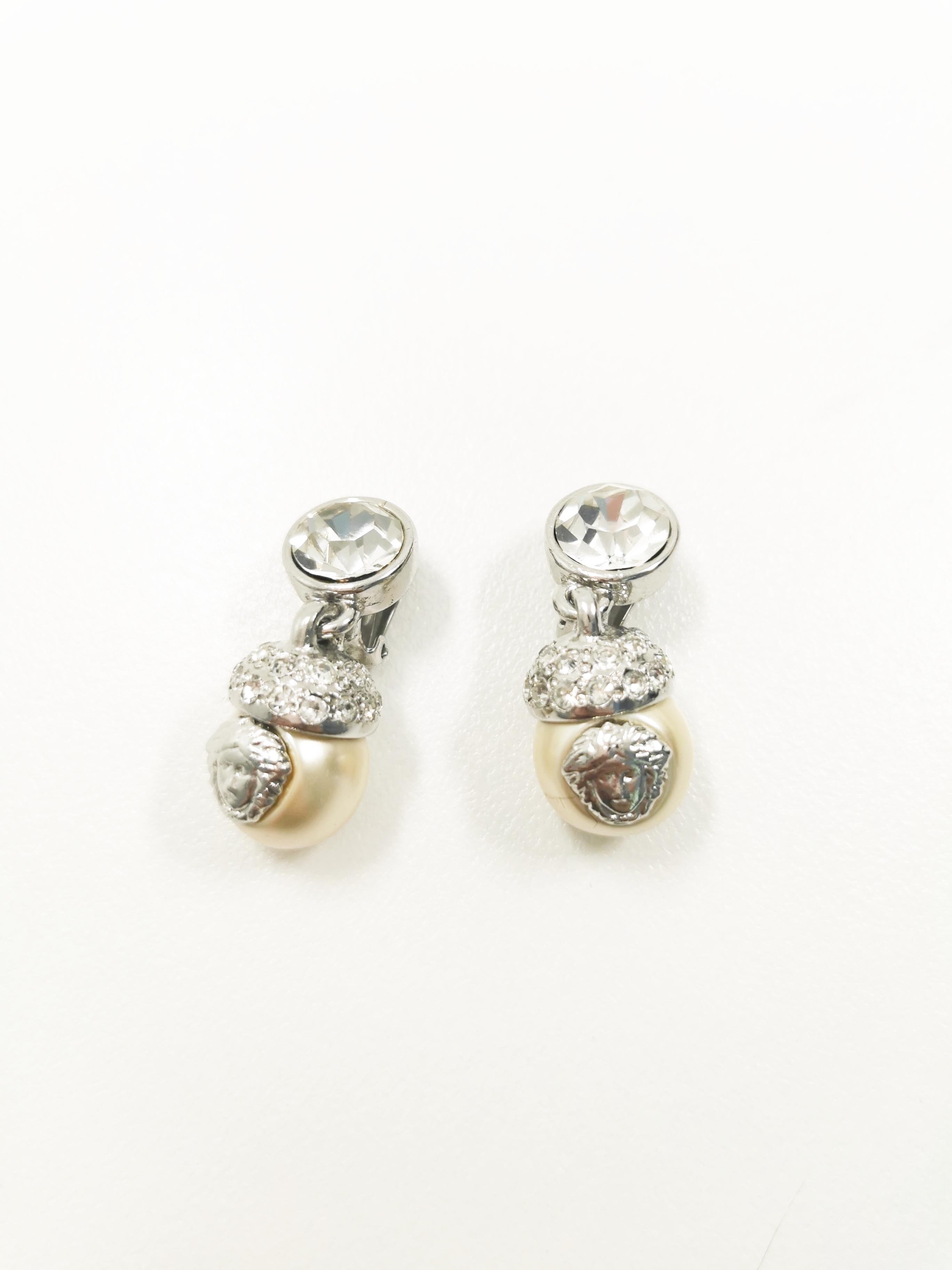 Contemporary 1990's Gianni Versace Medusa Rhinestones Drop Pearl Silver Clip On Earrings For Sale