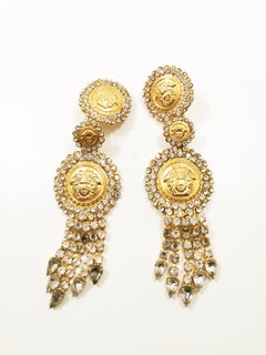 1990's Gianni Versace Medusa Rhinestones Tassel Massive Drop Earrings