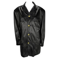 1990s Gianni Versace Mens Black Leather Blazer Jacket Gold Medusa Buttons
