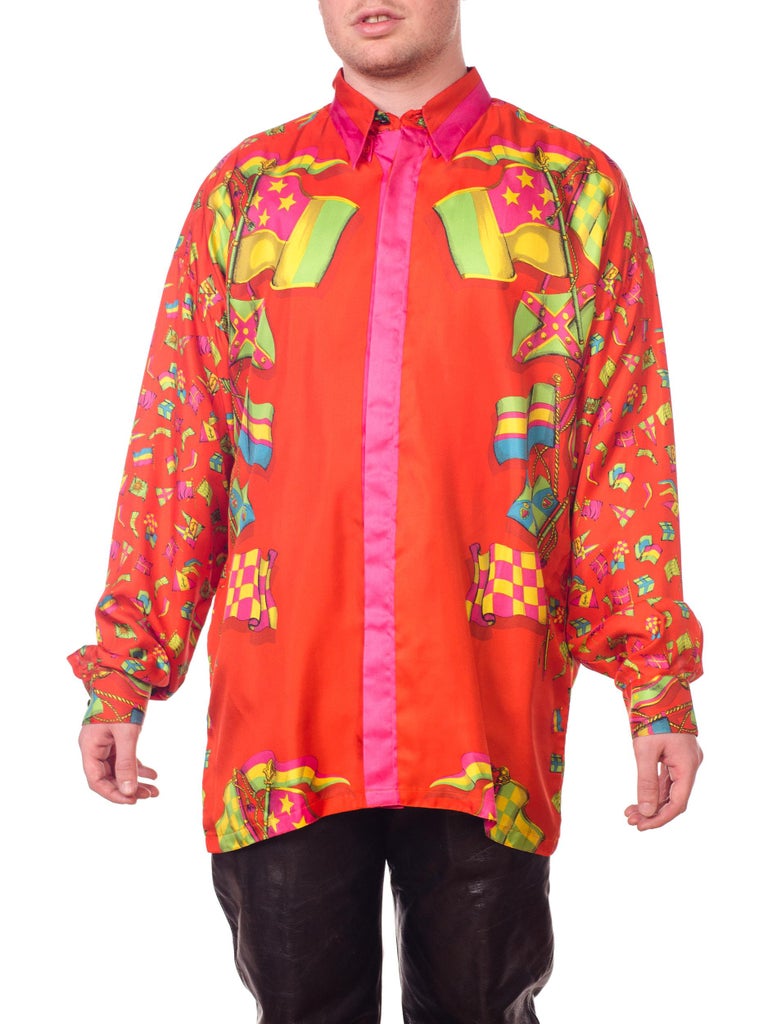 1990s Gianni Versace Miami Collection Red Flag Silk Shirt ...