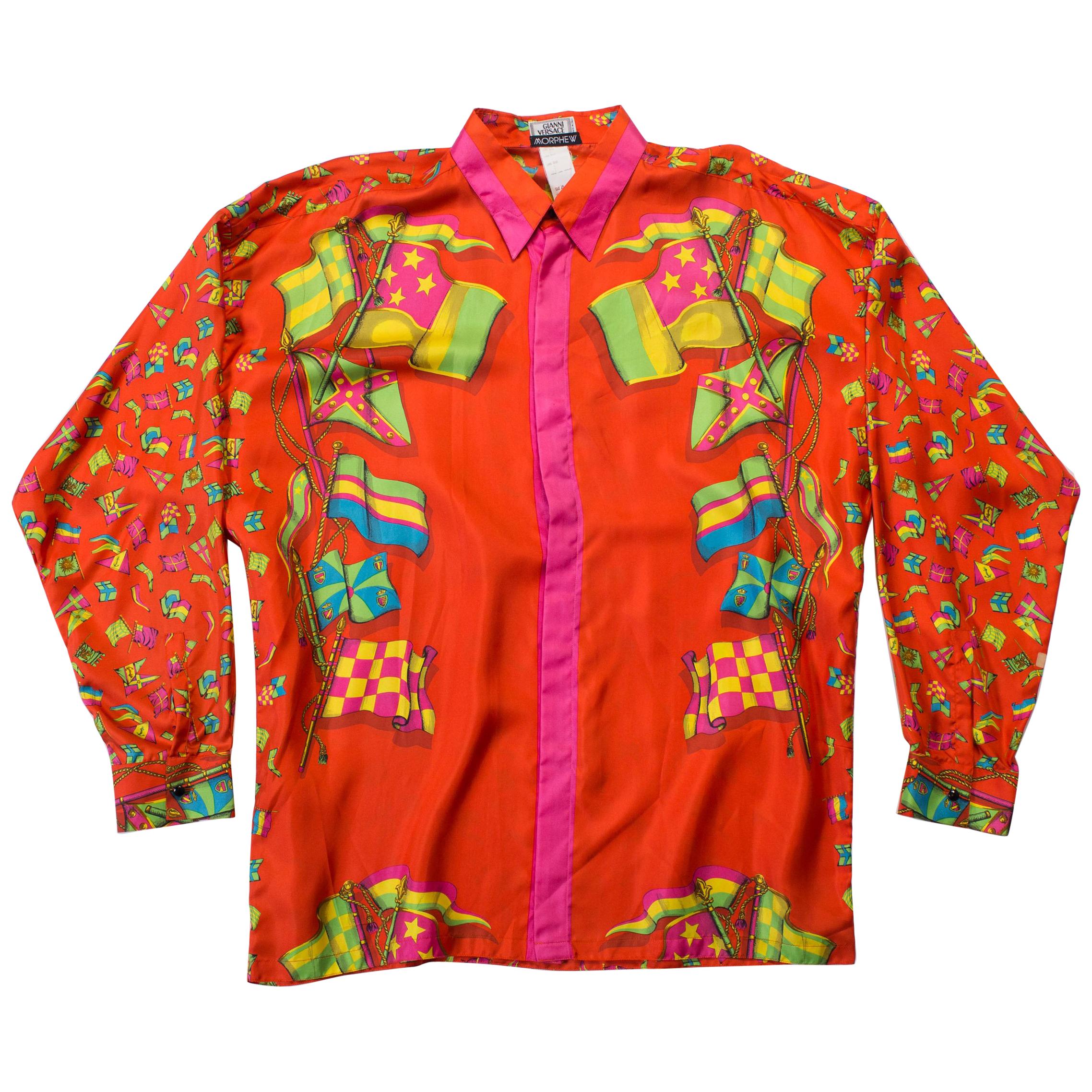 1990s Gianni Versace Miami Collection Red Flag Silk Shirt