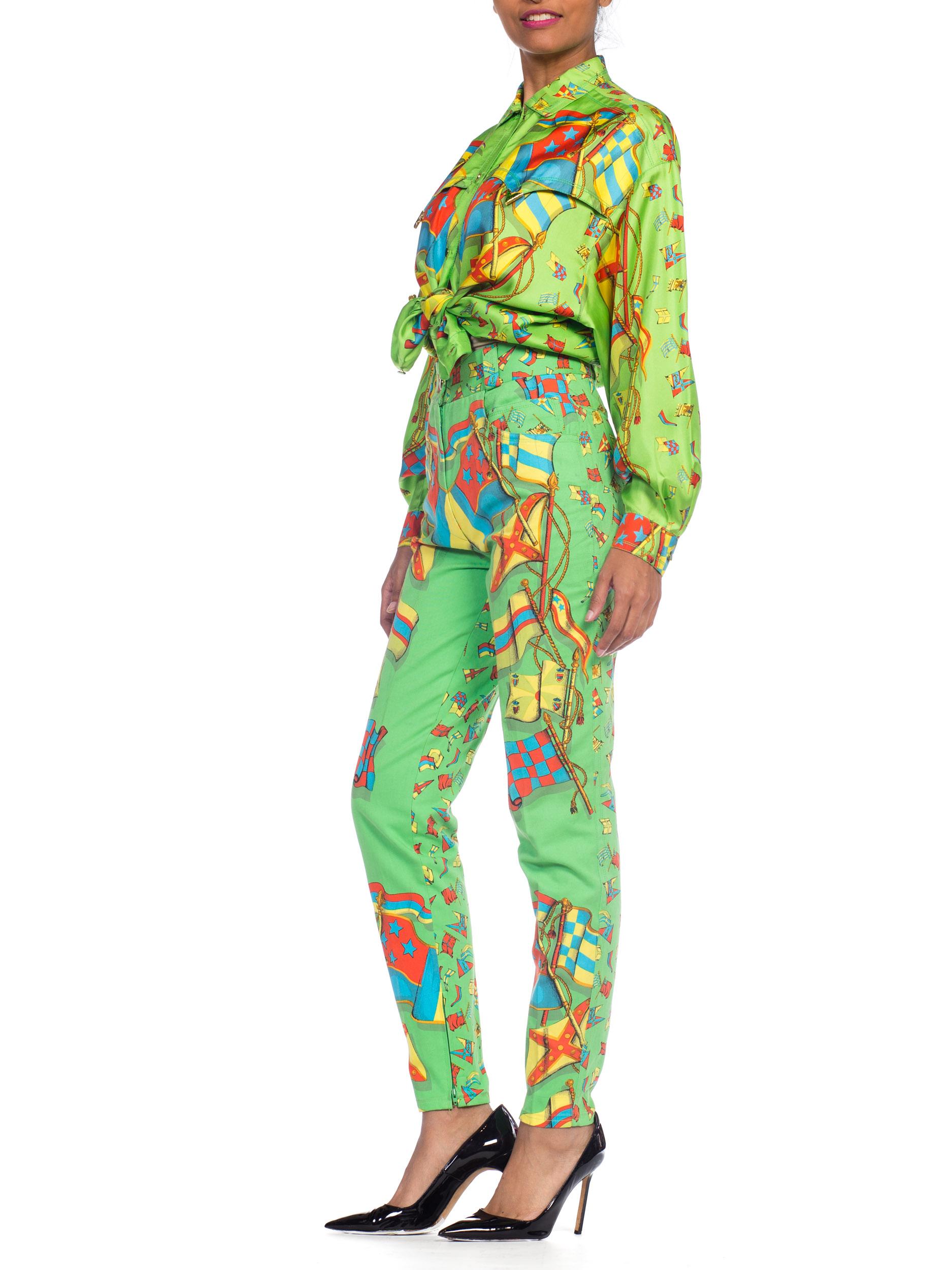 1990S GIANNI VERSACE Miami Collection Silk Blouse & Cotton Jeans Set For Sale 7