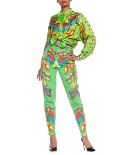 1990S GIANNI VERSACE Miami Collection Silk Blouse & Cotton Jeans Set